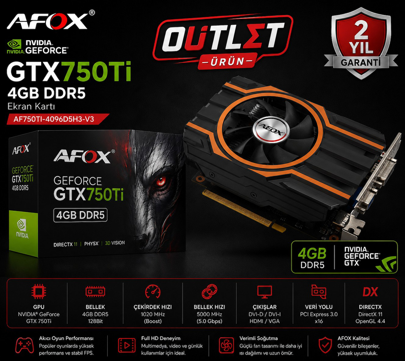 AFOX GEFORCE GTX750TI 4GB DDR5 Ekran Kartı AF750TI-4096D5H3-V3