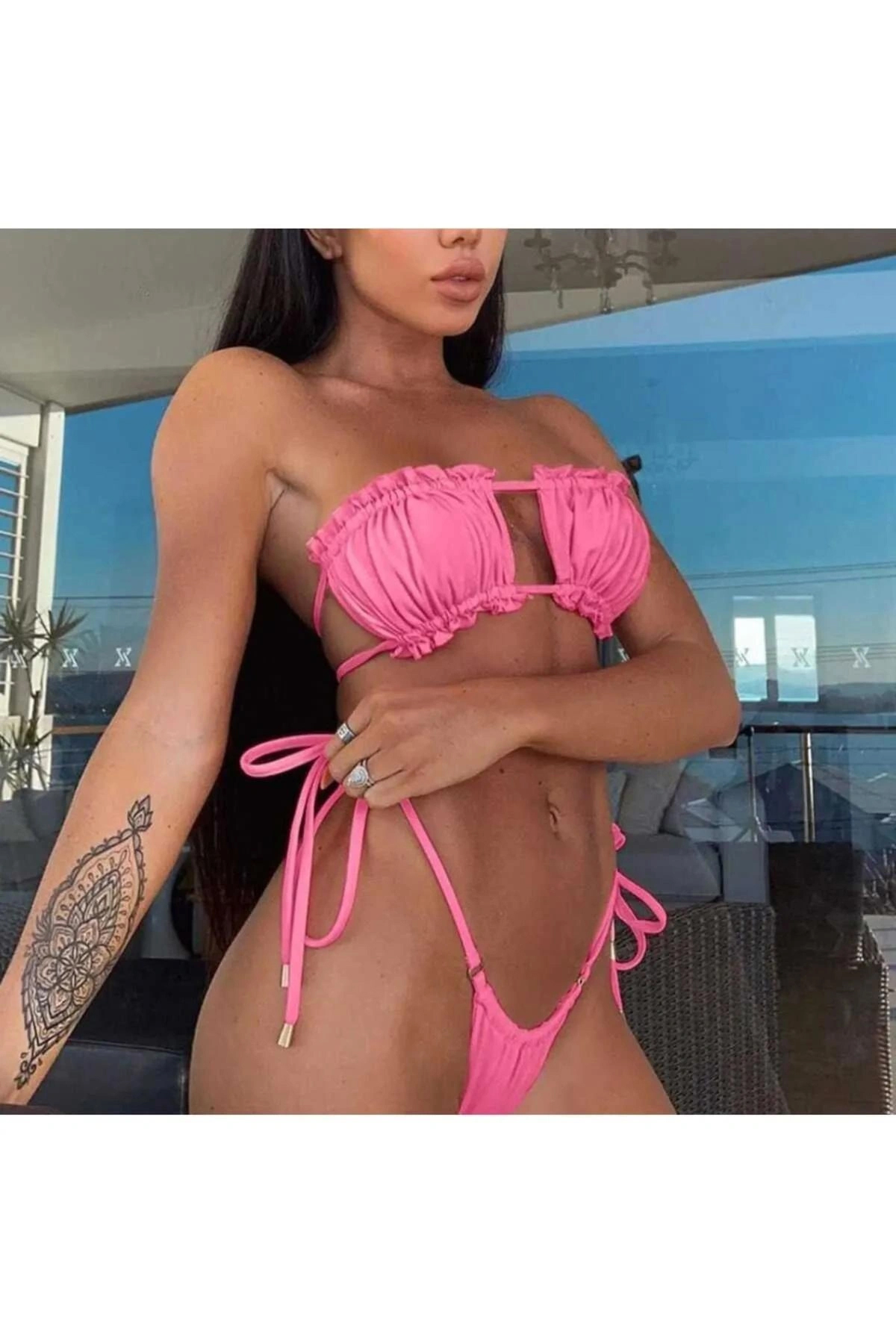 Brezilya Model Büzgülü Bağlamalı Bikini Takım