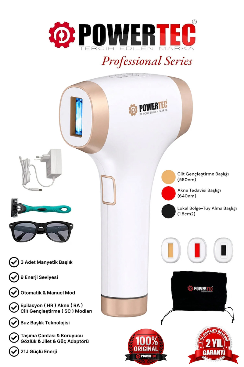 Powertec TR-9999 IPL Lazer Epilasyon 999.999 Atım Otomatik/Manuel 9 Modlu | Buz Başlıklı & Taşıma Çantası Hediyeli