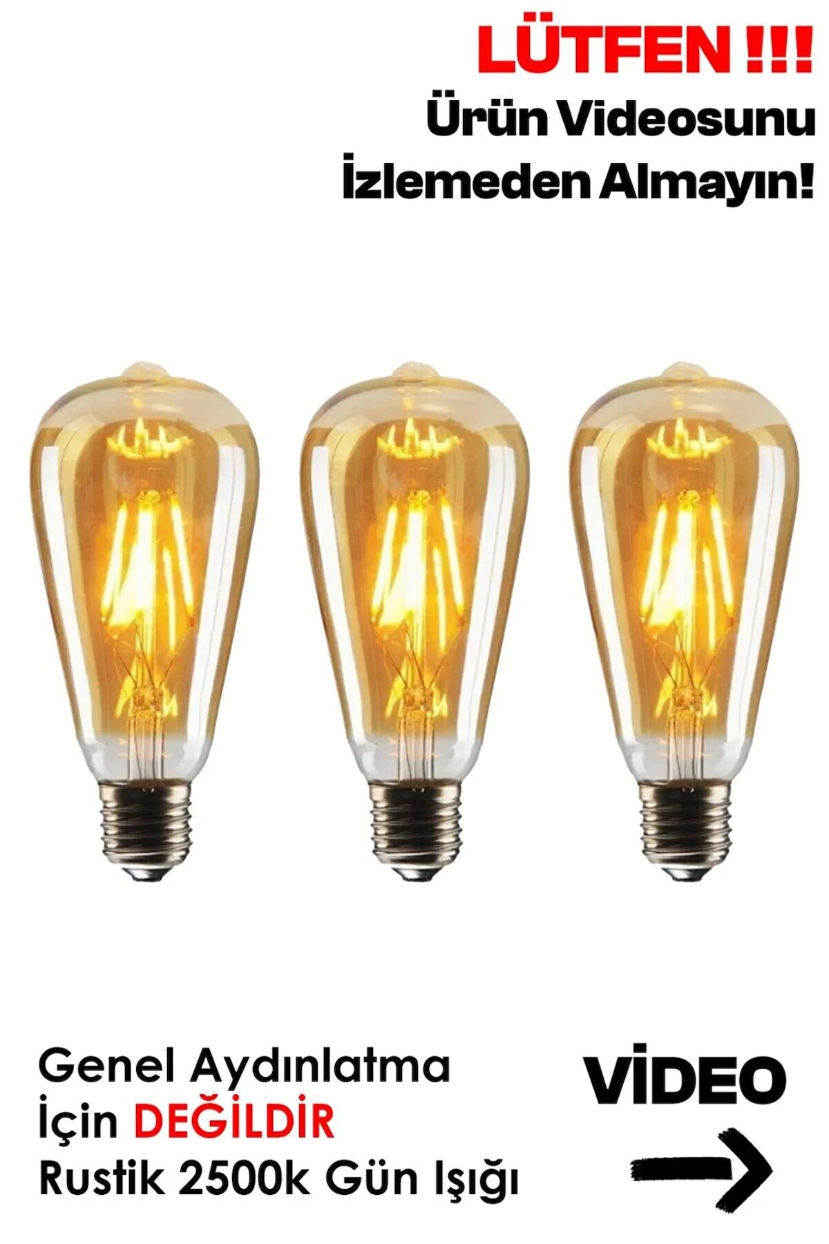 Rustik Led Ampul 3'lü Eko Paket Dekoratif Vintage Aydınlatma Amber Rengi St64 Tasarruflu Ampül