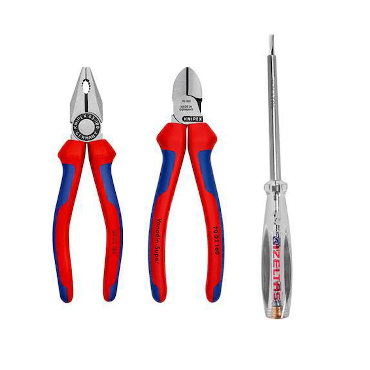 Knipex 3'lü Set Kombime Pense 180 mm Yan Keski 160 mm Kontrol Kalemi 190 mm Set