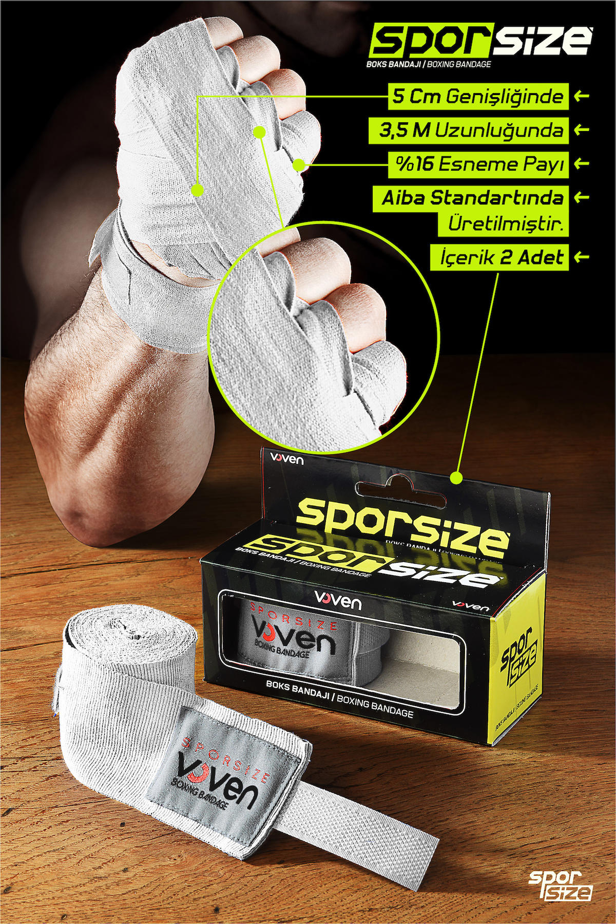 Voven Boxing Muay Thai Bandage Black Boks Bandajı Muay Thai Bandajı El Sargısı Siyah 3,5 Metre