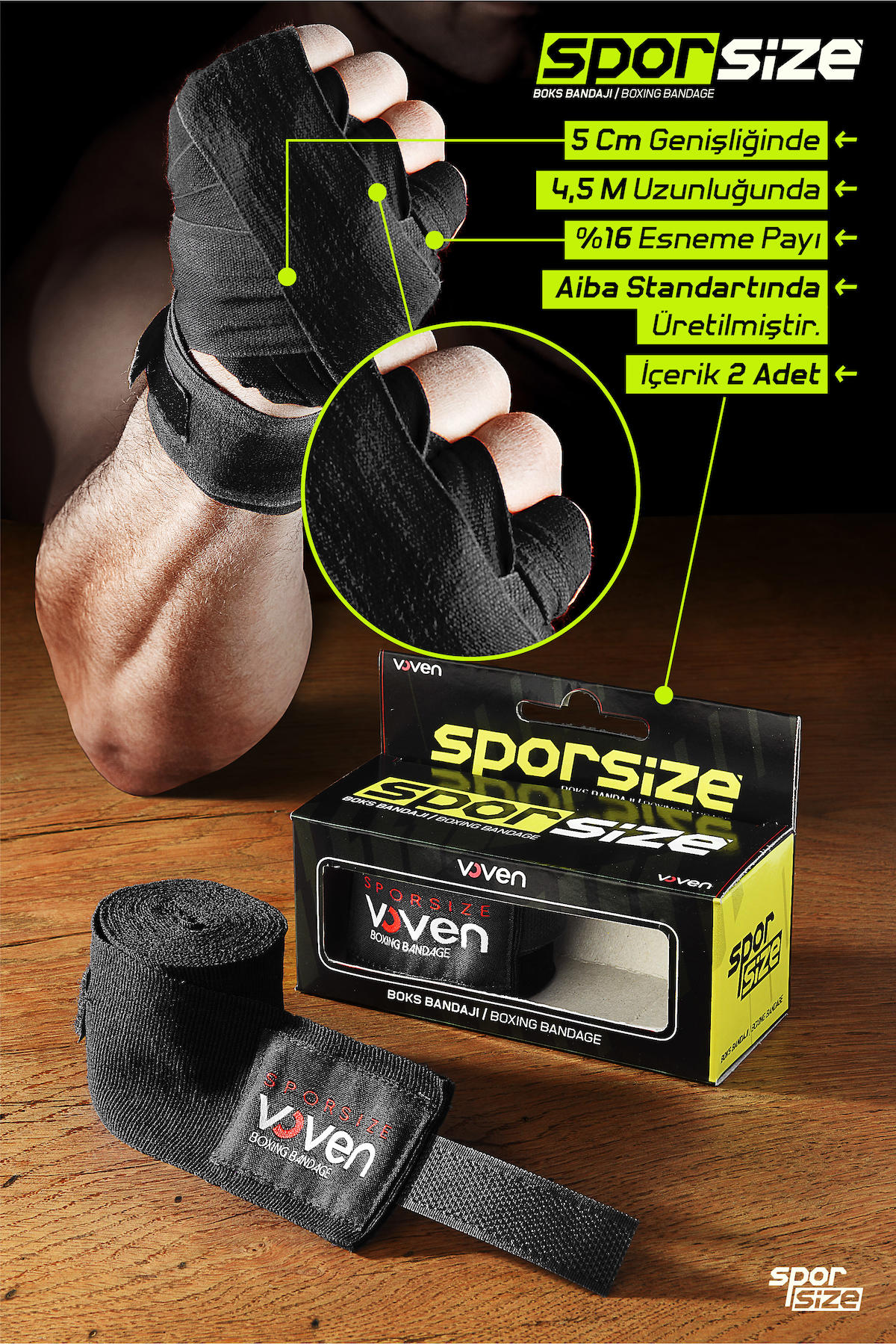 Voven Boxing Muay Thai Bandage Kırmızı Boks Bandajı Muay Thai Bandajı El Sargısı Kırmızı 4,5 Metre