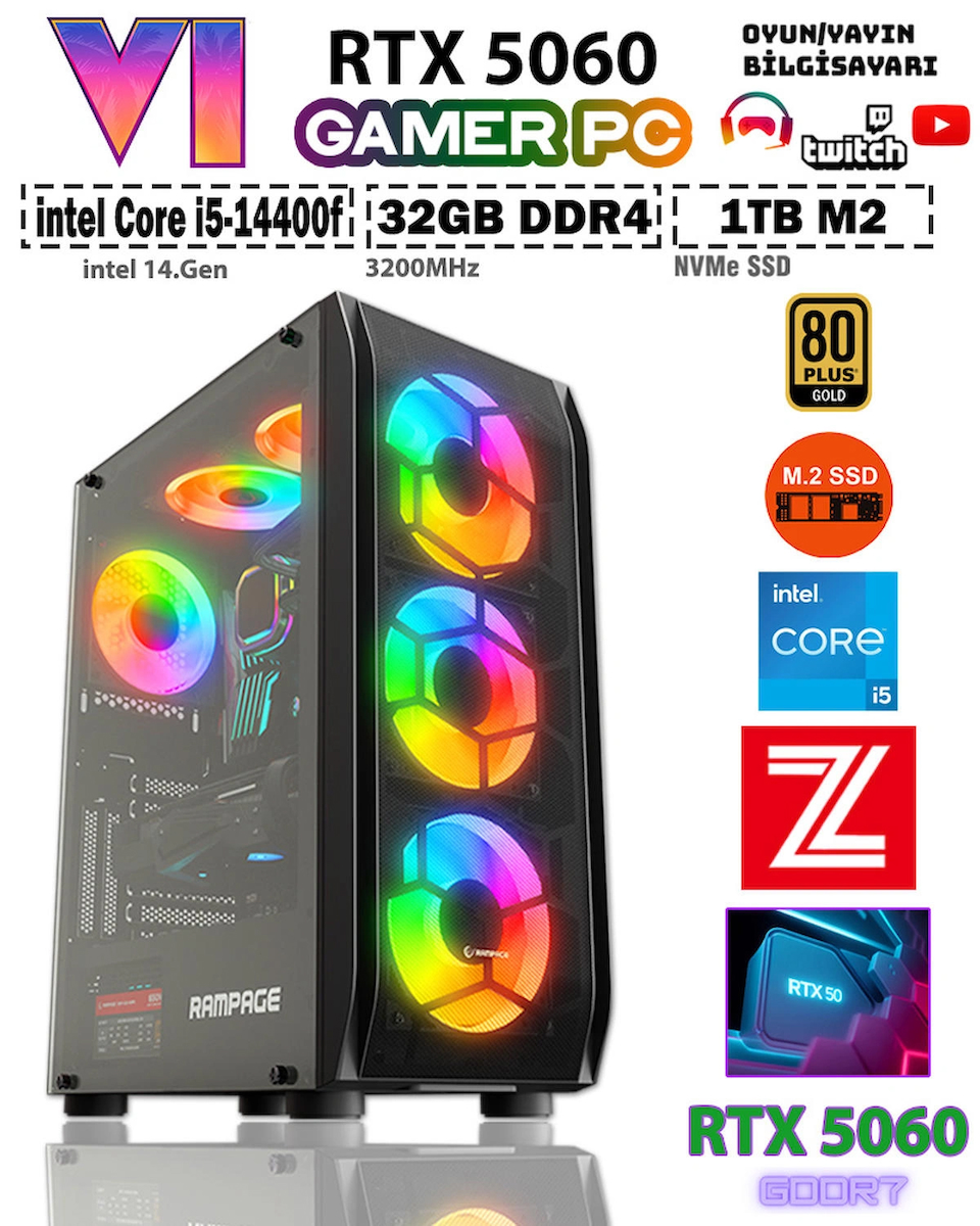 Zeiron Zeiron GTA-VI X4 ✔ Intel Core I5-14400F 32GB Ram 1TB M.2 Nvme SSD 8GB GDDR7 RTX5060 Ekran Kartı Premium Oyuncu Bilgisayarı