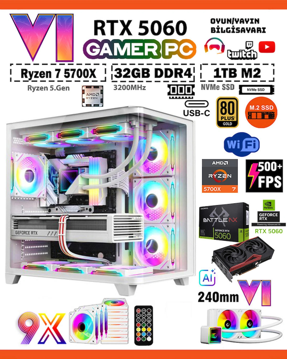 Zeiron Mirage X50 Pro White RTX5060 8GB ∣ R7 5700X ∣ 32GB RAM ∣ 1TB M.2 SSD Sıvı Soğutmalı Oyun Bilgisayarı