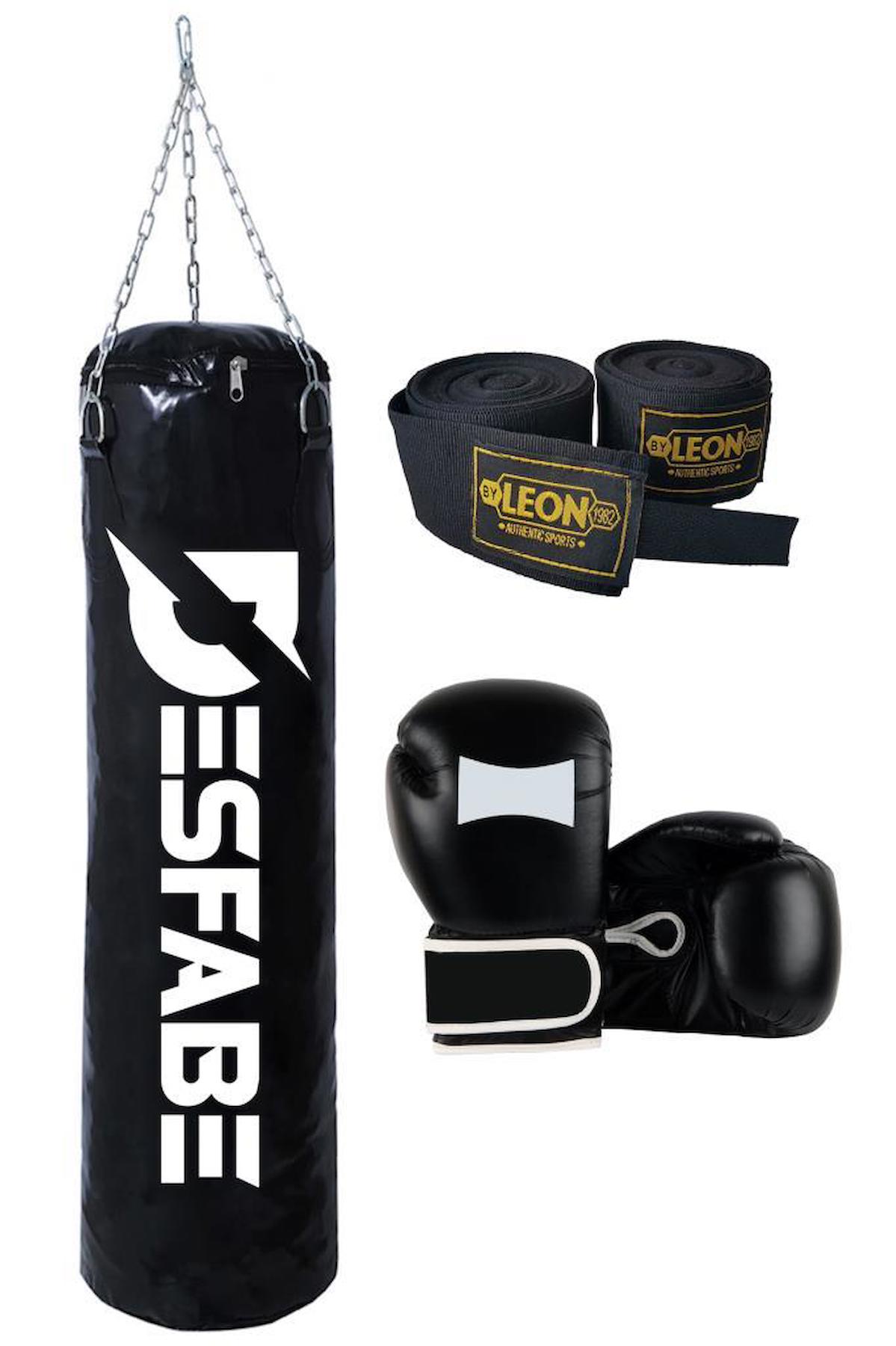 Desfabe Boxing Star 70x25 Cm Zincirli Boks Kum Torbası Siyah+El Sargı Bandajı+Boks Eldiveni