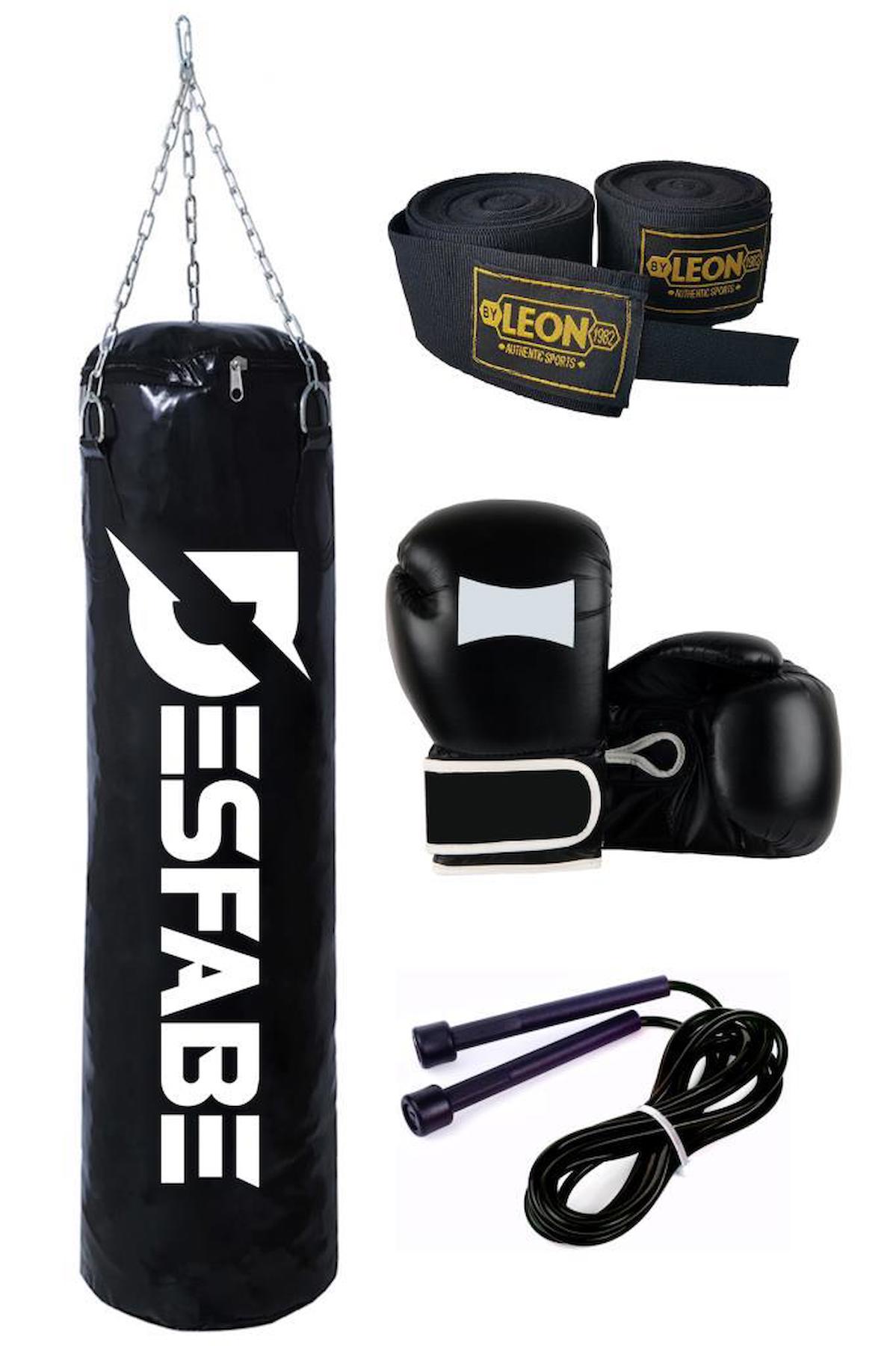 Desfabe Boxing Star 70x25 Cm Zincirli Boks Kum Torbası Siyah+El Sargı Bandajı+Boks Eldiveni+Atlama İpi