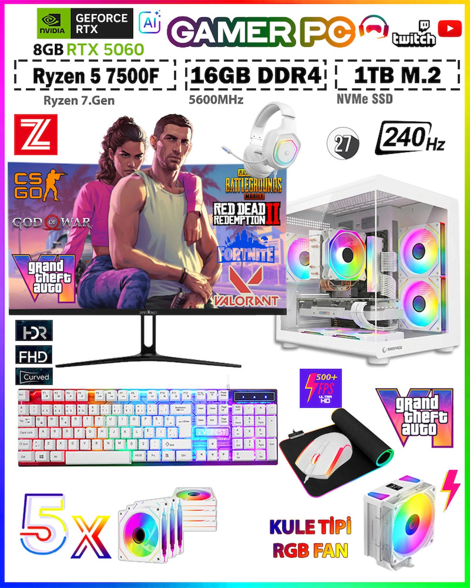 Zeiron Warrior Mini X55 White Pro⚡R5 7500F⚡16GB⚡DDR5⚡1TB M.2 SSD⚡RTX5060⚡27″ 240Hz Kule Tipi Fan Premium Oyuncu Bilgisayar