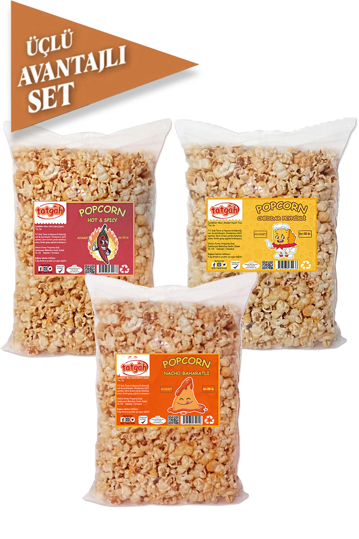 3 Paket Baharatlı Popcorn Paketi 250 gr.x3 - Hot Spice, Cheddar, Nacho Çeşnili