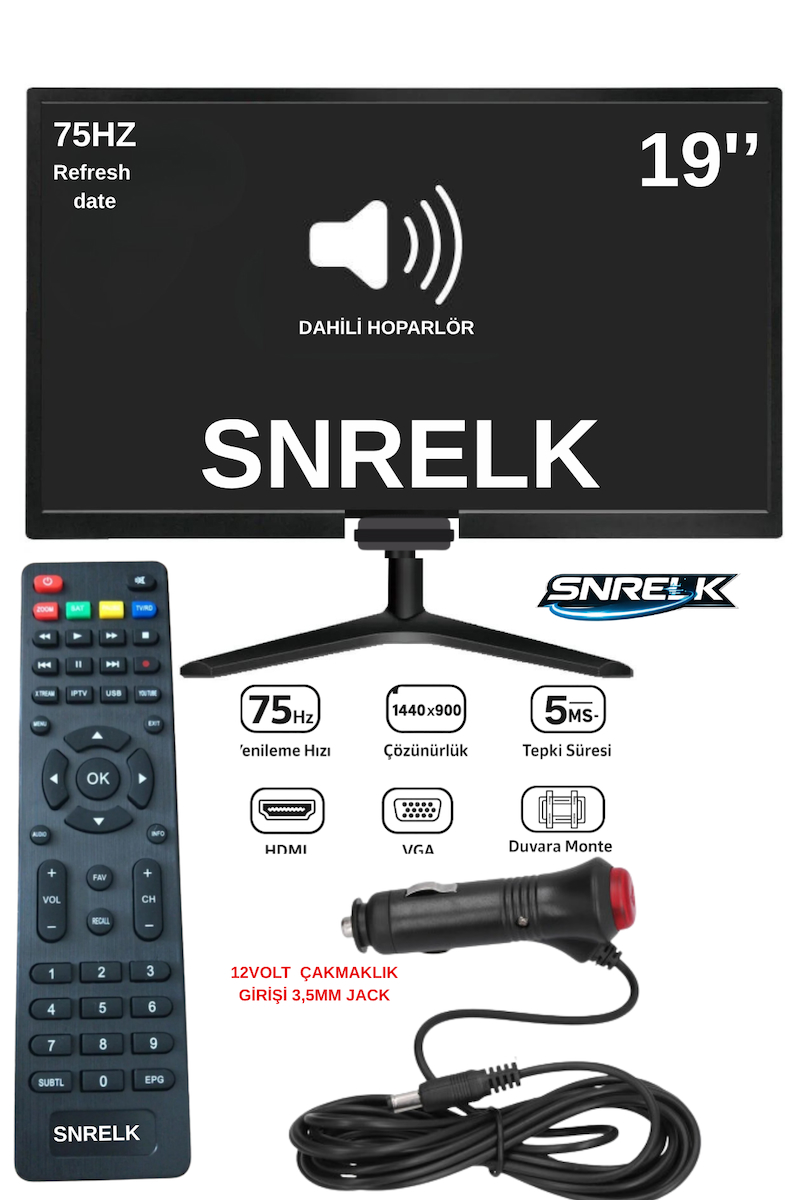 SNRELK 19” Karavan Tekne Yat Araç İçi 12V Çakmaklık Girişli Multimedya Led Monitör Tv
