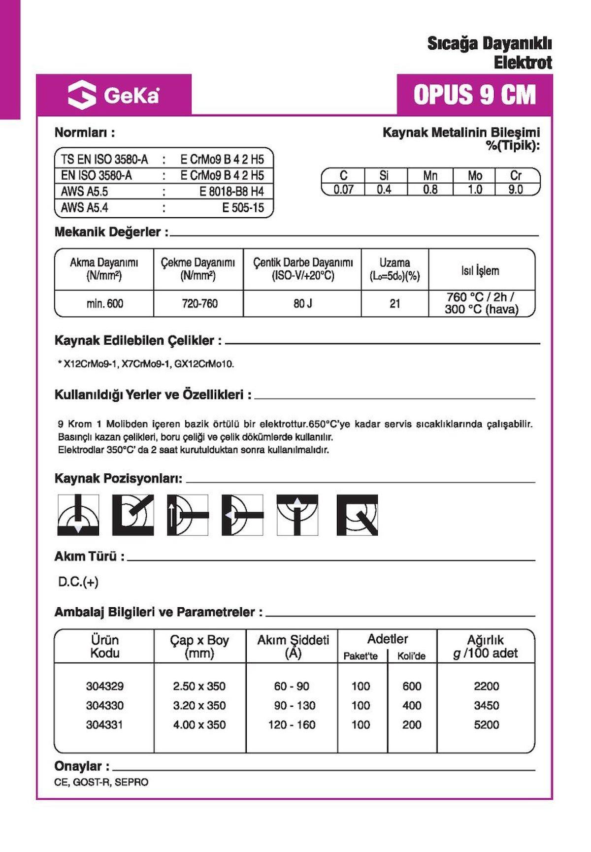 GeKa OPUS 9 CM Sıcağa Dayanıklı Kaynak Elektrotu E8018-B8 H4 - 3,20x350 MM