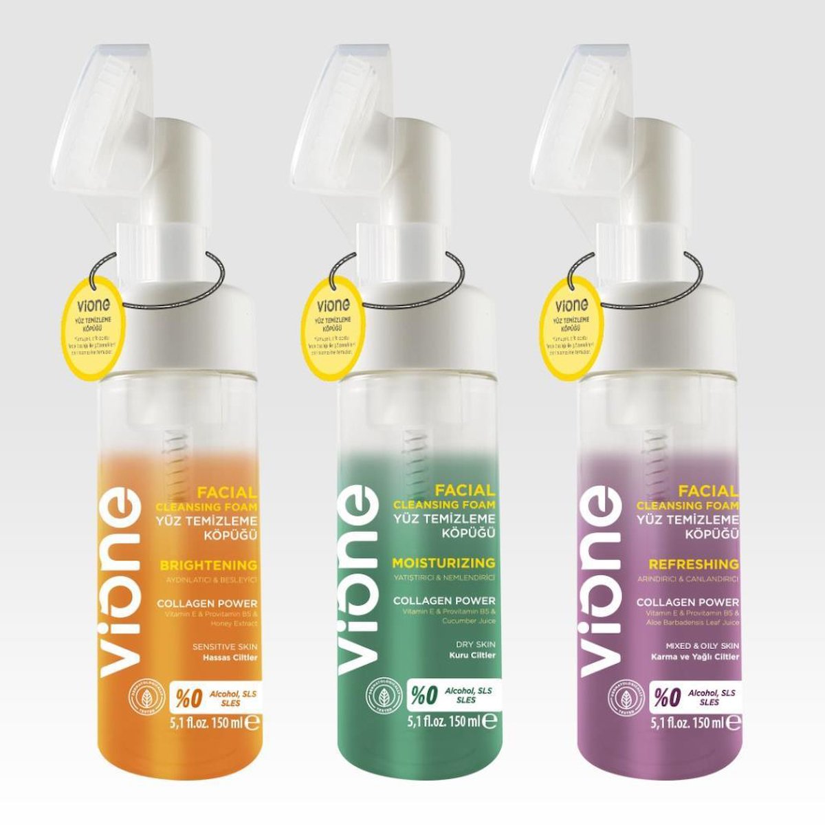 vione 3Lü Set Yüz Temizleme Köpüğü 150ml Özel Fırçalı