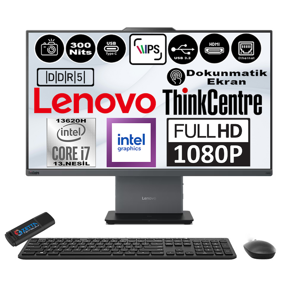 Lenovo Thinkcentre Neo 27 50A Gen5 Intel Core I7 13620H 16GB Ddr5 256GB SSD Windows 11 Pro Intel® UHD Graphics 27″ Dokunmatık Fhd All In One Bilgisayar 12SA0013TRP01 + Zetta Flash Bellek