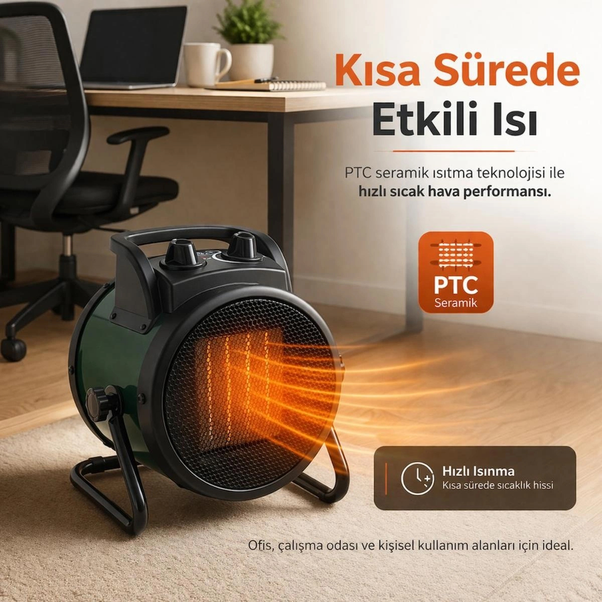 Elektrikli Fanlı Isıtıcı 3000W PTC Seramik Isıtıcı 3 Kademeli Taşınabilir Oda Ofis Masa Altı Fanlı Isıtıcı