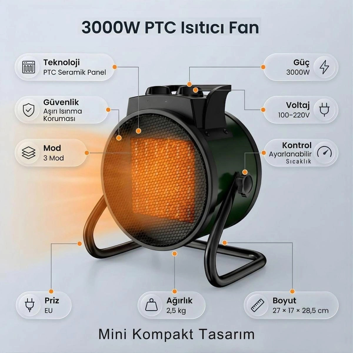 Elektrikli Fanlı Isıtıcı 3000W PTC Seramik Isıtıcı 3 Kademeli Taşınabilir Oda Ofis Masa Altı Fanlı Isıtıcı