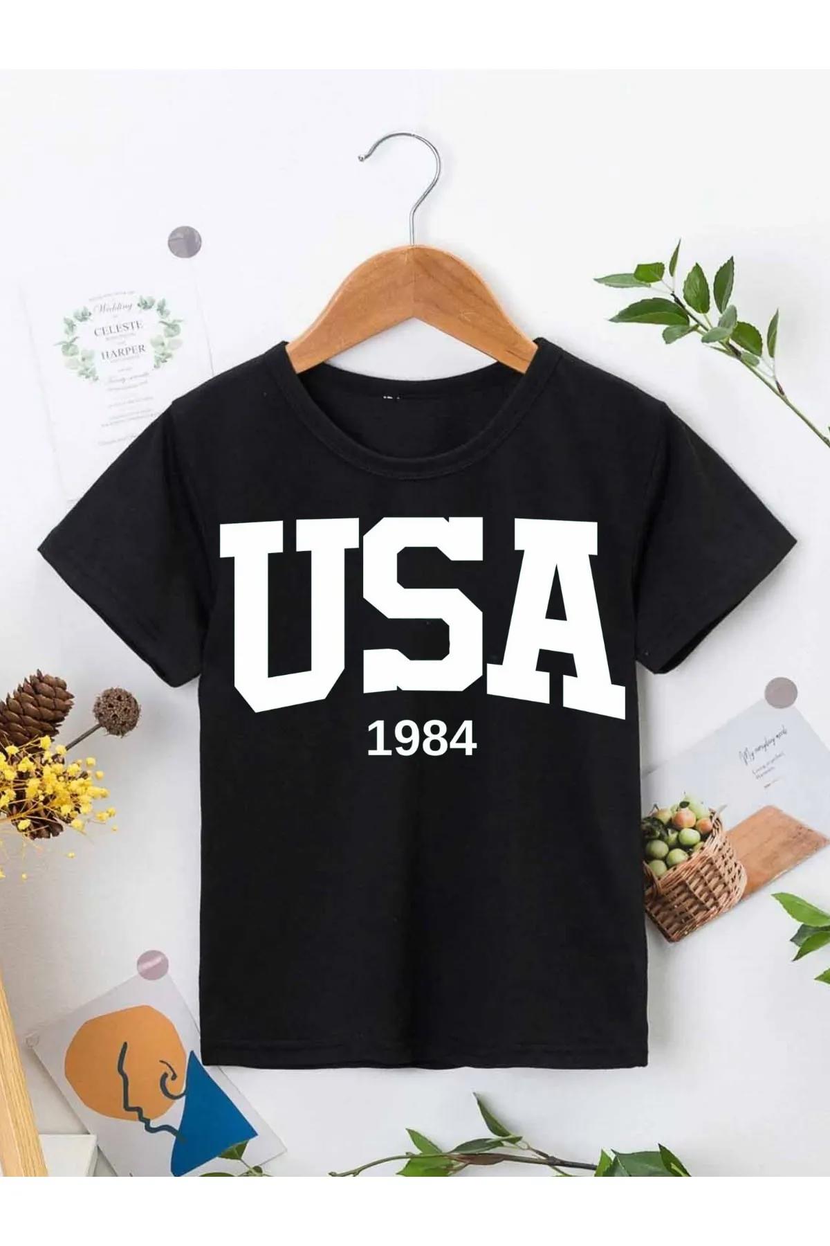 Ünisex Rahat Kalıp Pamuklu Baskılı Siyah Çocuk T-shirt