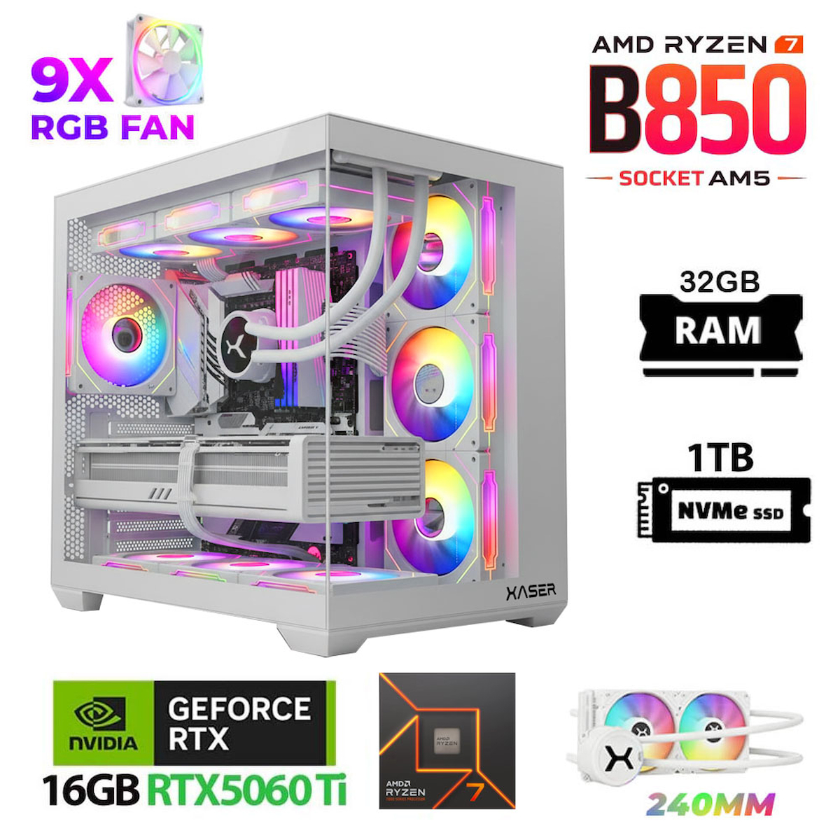 Xaser Lexus x690 White Ryzen 7 7800X3D 32GB Ram 1TB M.2 NVMe SSD 16GB RTX5060 Ti Sıvı Soğutmalı Oyuncu Bilgisayarı
