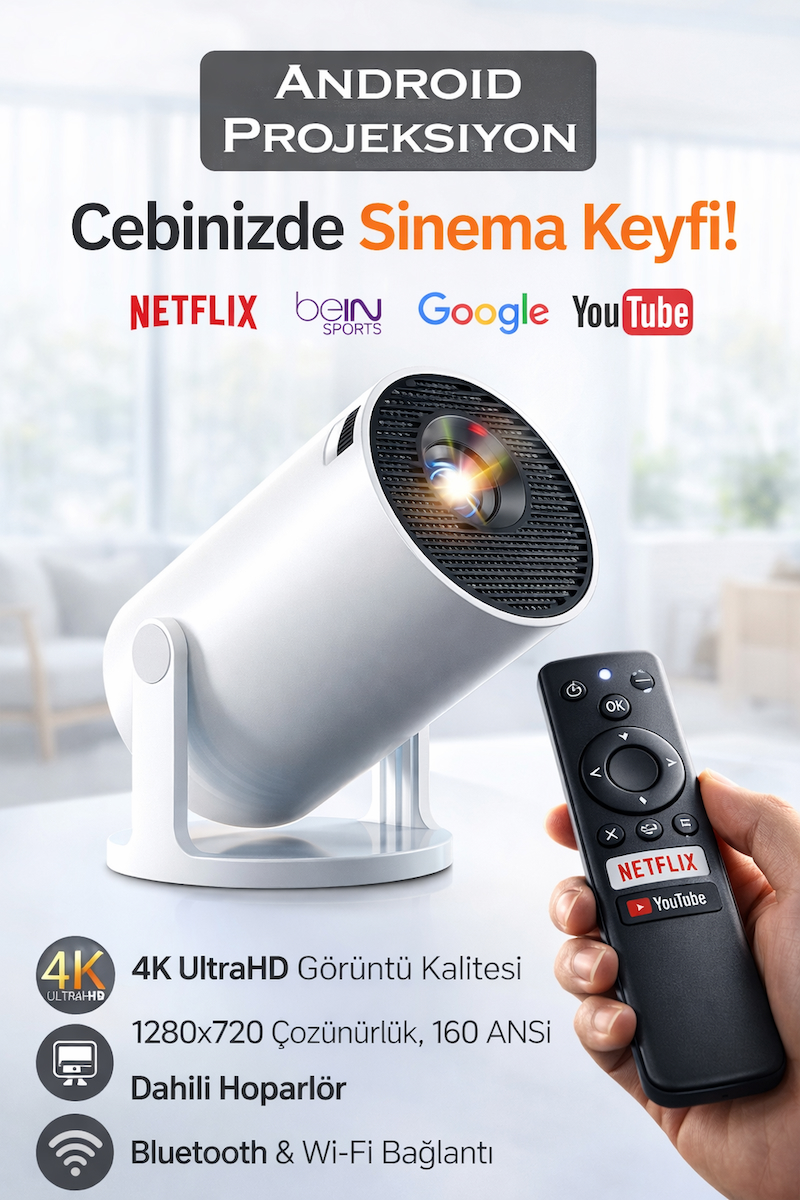 Android Akıllı Projeksiyon Cihazı Wi-Fi Bluetooth 1280×720 HD 4K Destekli 160 ANSI Dahili Hoparlörlü Taşınabilir Sinema Projektörü
