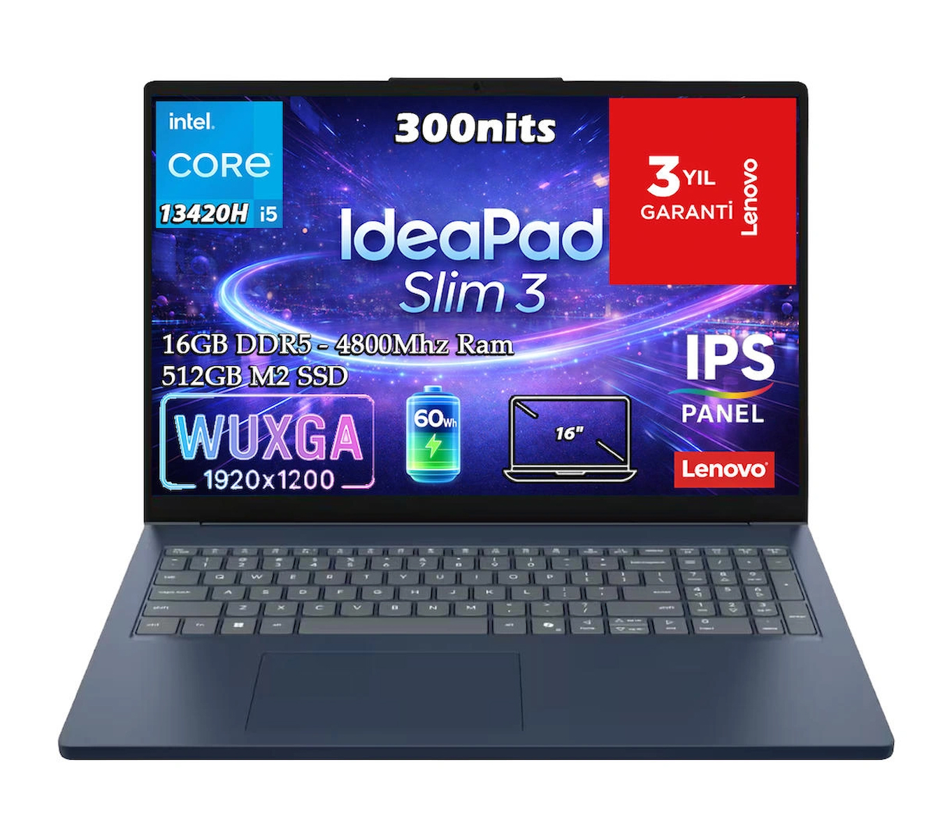 Lenovo Ideapad Slim 3 16IRH10 Intel Core I5-13420H 16GB 512GB SSD 16″ WUXGA (1920X1200) IPS Panel Freedos Taşınabilir Bilgisayar 83K20009TR