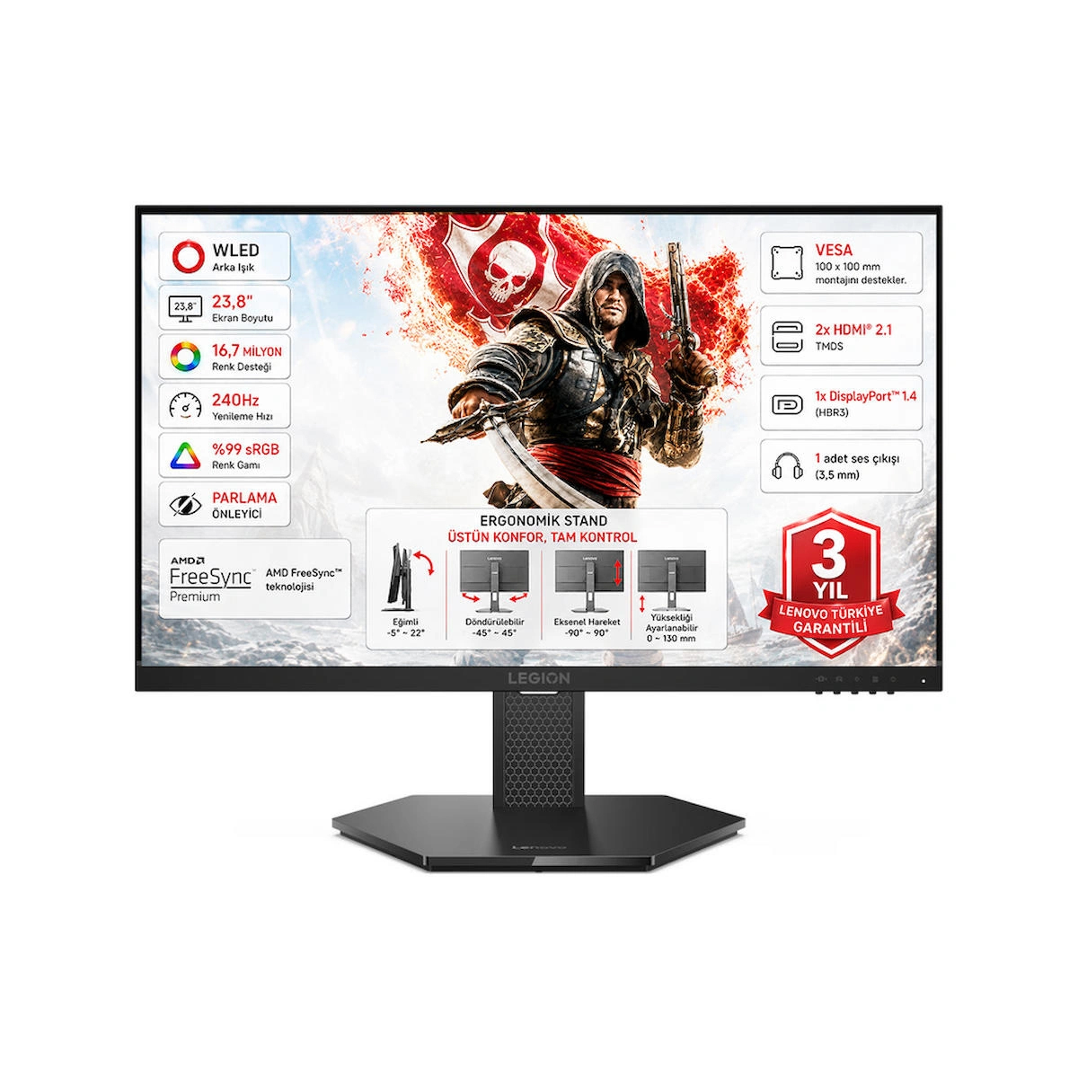 Lenovo Legion 24-15 23.8″ 0.5 ms 240Hz (2xHDMI+DisplayPort) IPS FHD WLED Pivot Gaming Monitör 67E7GAC4TK