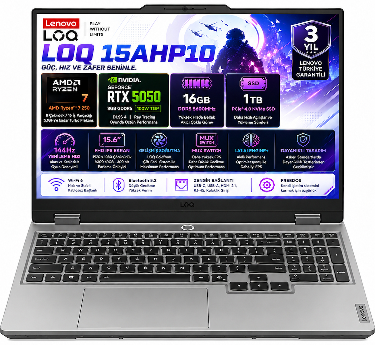 Lenovo LOQ 15AHP10 AMD Ryzen 7-250 16GB DDR5 1TB SSD RTX 5050 8GB 100W 15.6 inç Full HD 144Hz IPS FreeDos Gaming Laptop (83JG00BMTR)