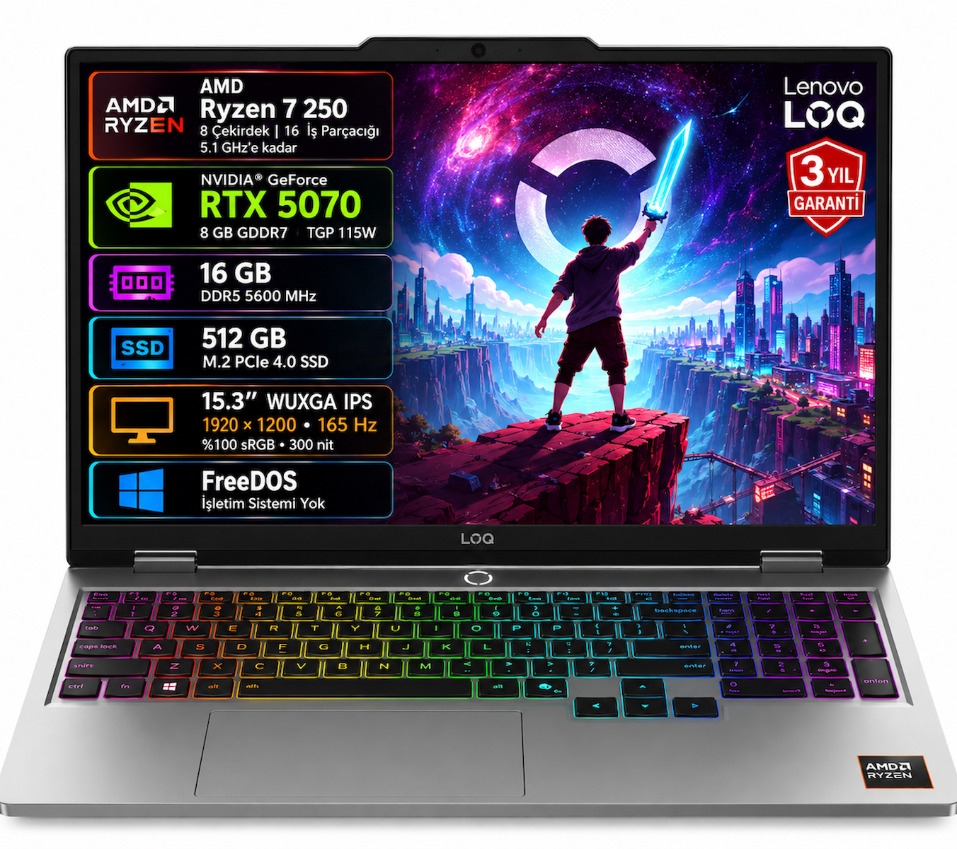 Lenovo LOQ 15AHP11 83TN0096TR AMD Ryzen 7 250 16GB RAM 512GB SSD RTX5070 8GB 115W 15.3″ 165Hz WUXGA IPS FreeDOS Gaming Notebook