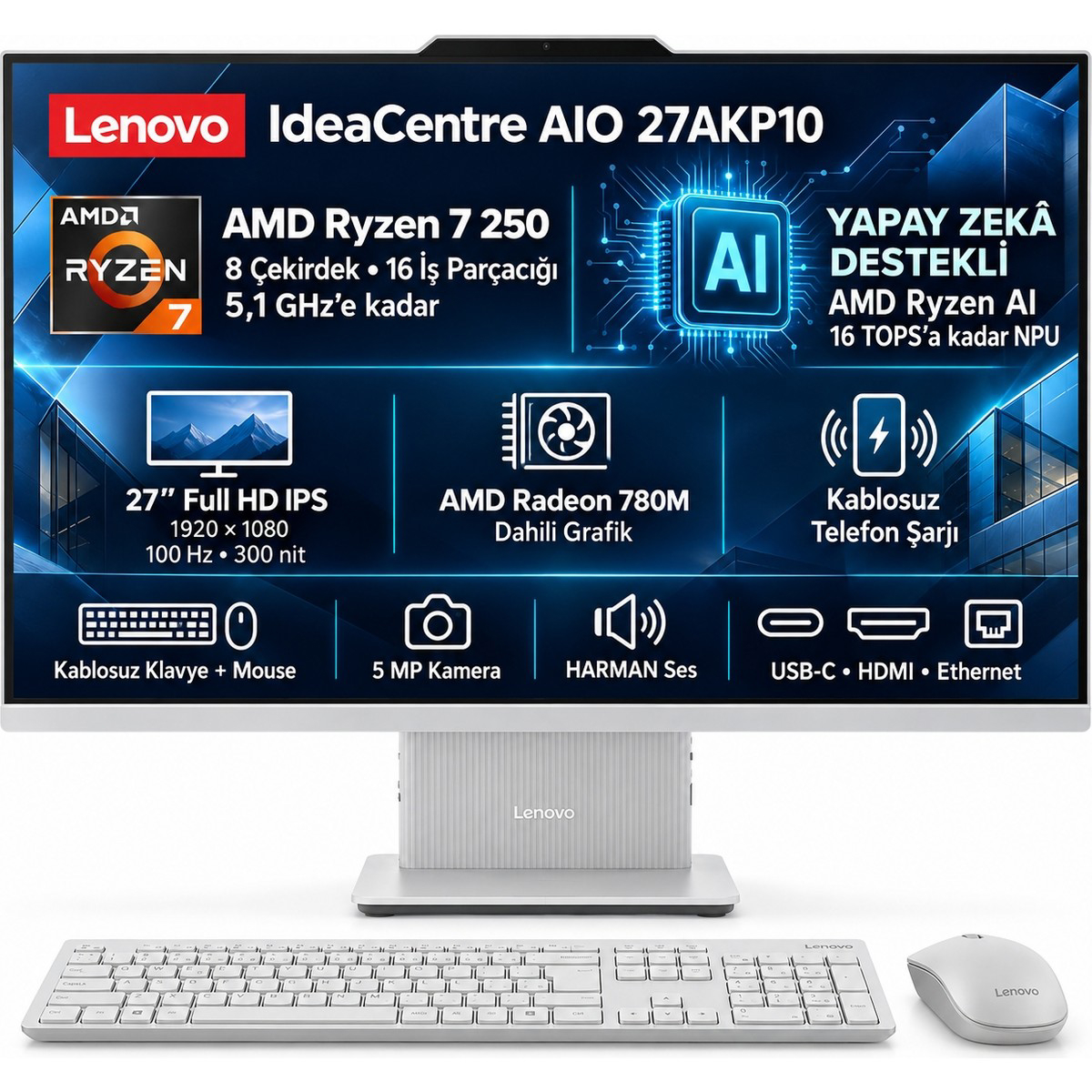 Lenovo Ideacentre Aıo 27AKP10 Ryzen 7 250 8GB 512GB SSD 27″ FHD IPS Windows 11 Pro Yapay Zeka Destekli All In One Bilgisayar F0JE002STR S1