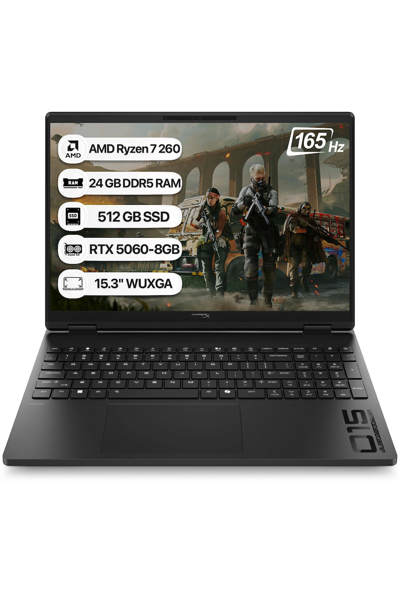 HP HyperX OMEN 15 D2QW2EA AMD Ryzen 7 260 24GB 512GB SSD RTX5060-8GB Freedos 15.3″ WUXGA 165Hz Taşınabilir Bilgisayar