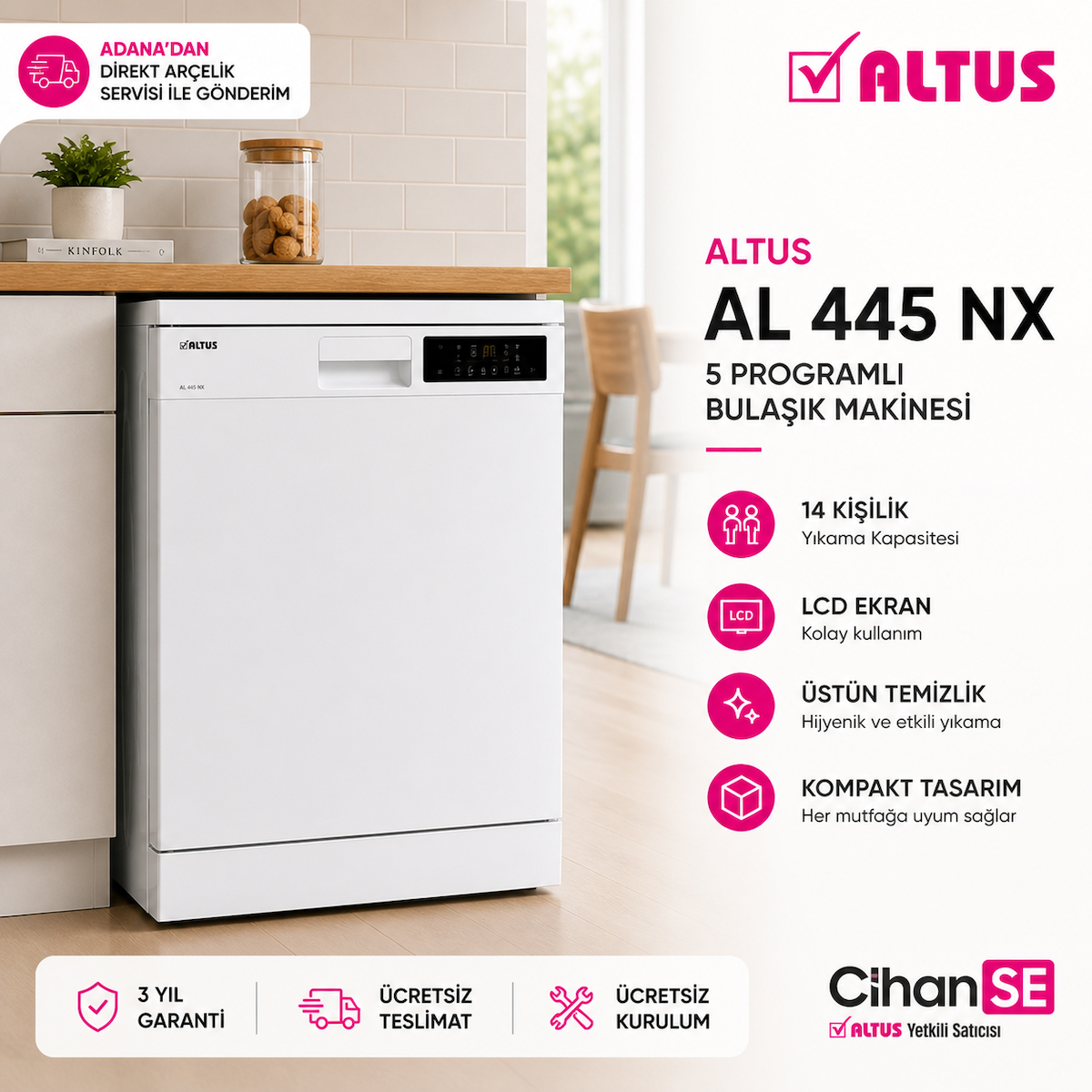 Altus AL-445 NX Yeni Model 5 Programlı LCD Ekranlı Bulaşık Makinesi Beyaz