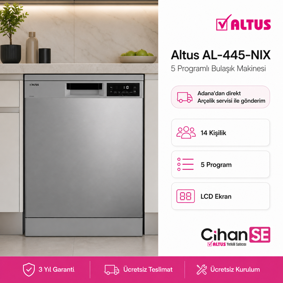 Altus AL-445 NIX INOX 5 Programlı LCD Ekranlı Bulaşık Makinesi Asansörlü