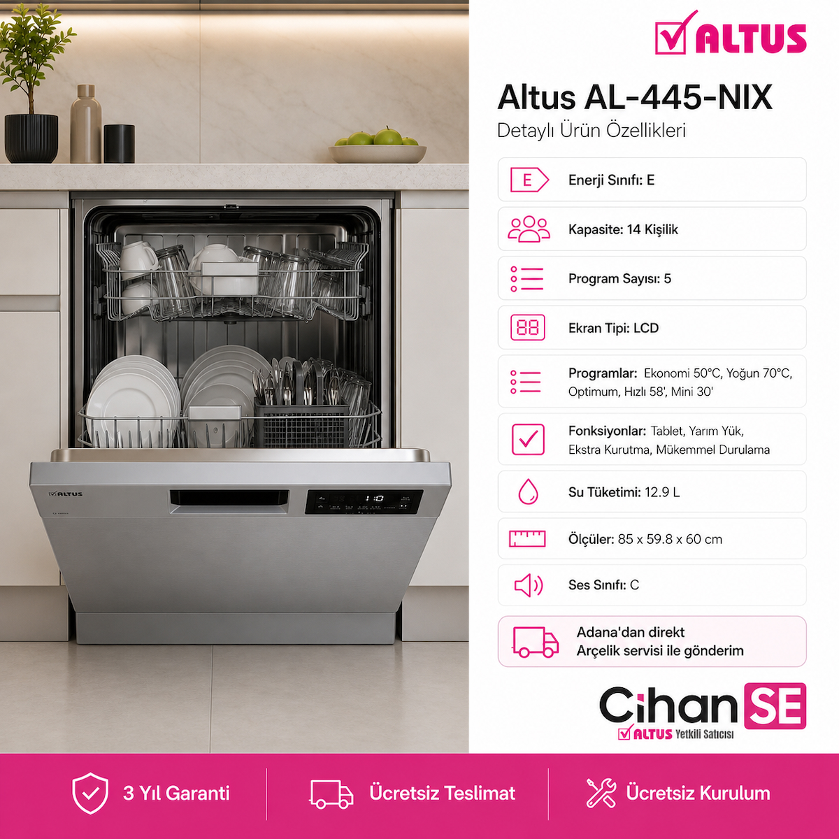 Altus AL-445 NIX INOX 5 Programlı LCD Ekranlı Bulaşık Makinesi Asansörlü