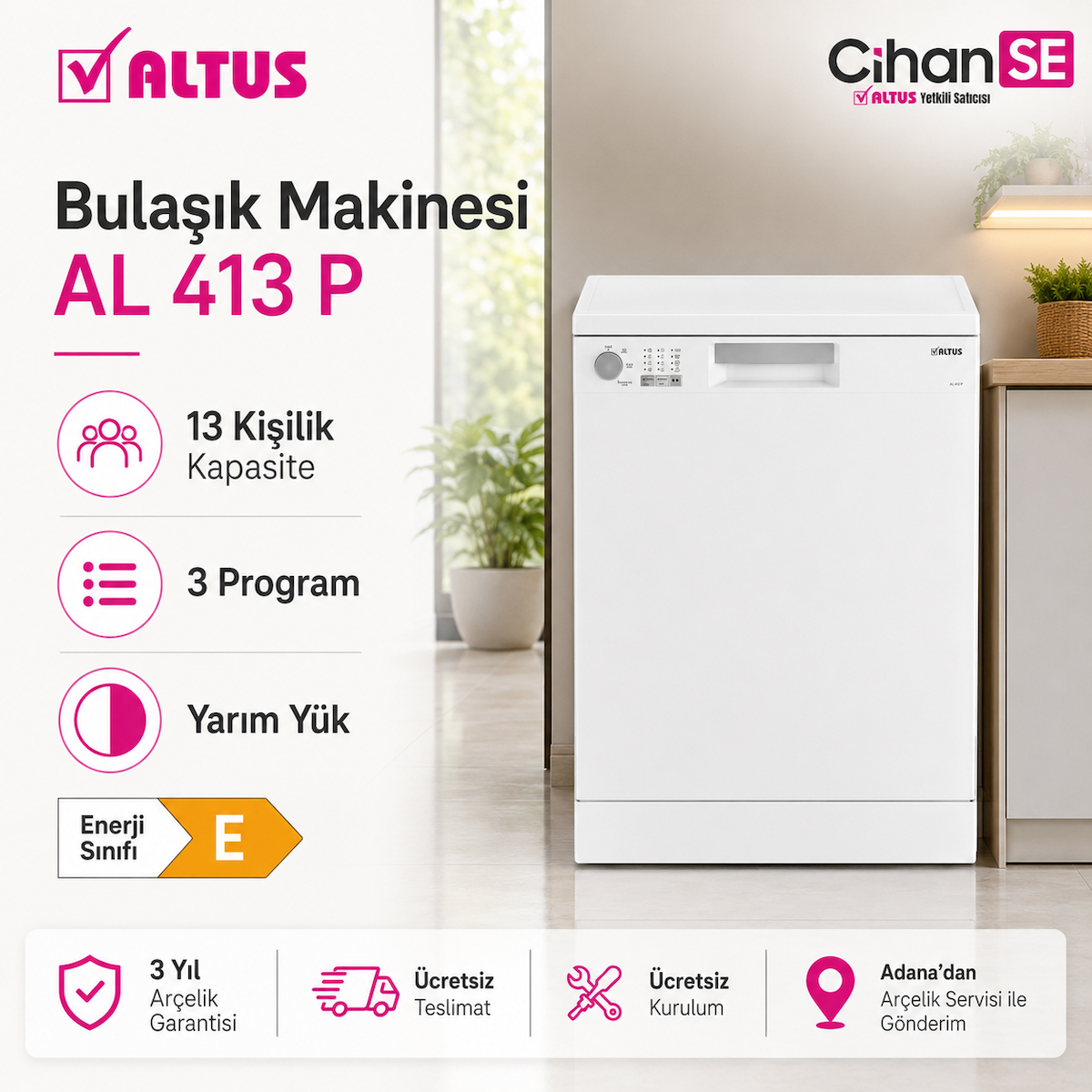 Altus AL-413 P 3 Program Bulaşık Makinesi 13 Kişilik