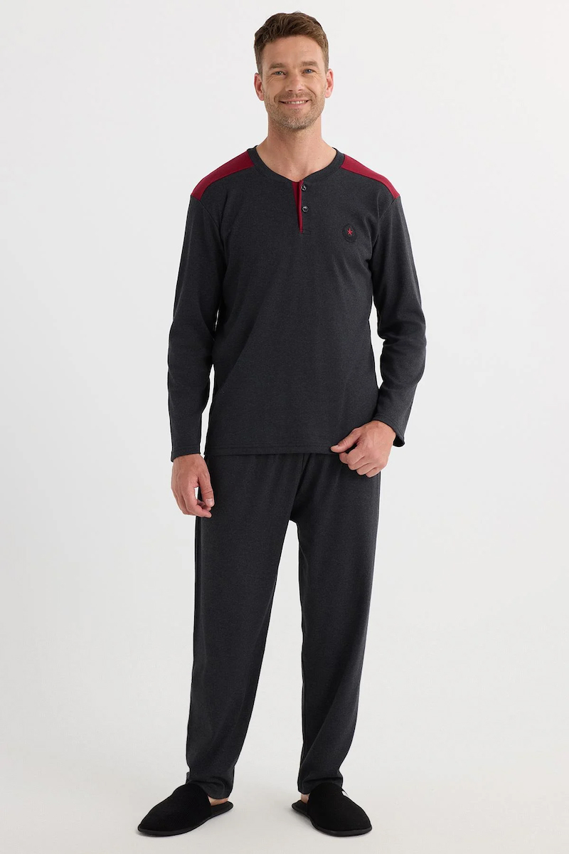 Erkek Regular Fit Pamuklu Düğmeli Yaka Beli Lastikli Desenli Gri Pijama Takımı