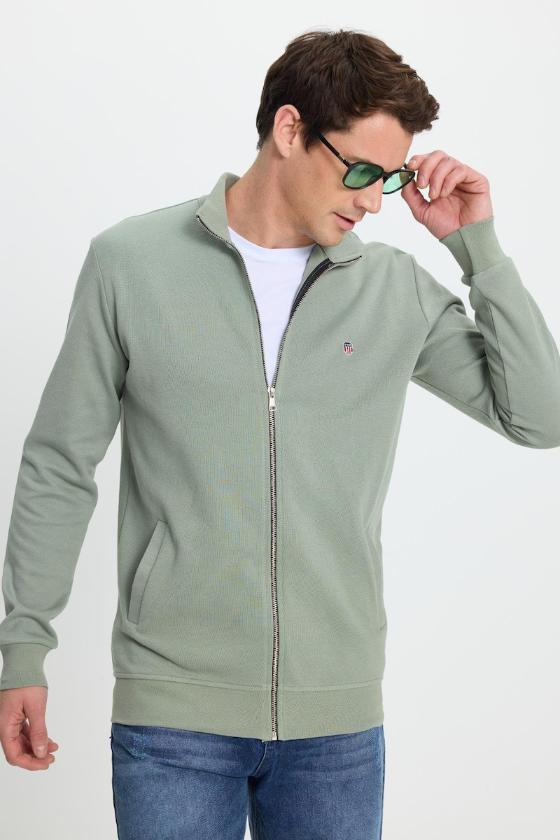 Erkek Slim Fit Dar Kesim Pamuklu Tam Fermuarlı Çift Cepli Dik Yaka Yeşil Sweatshirt Hırka