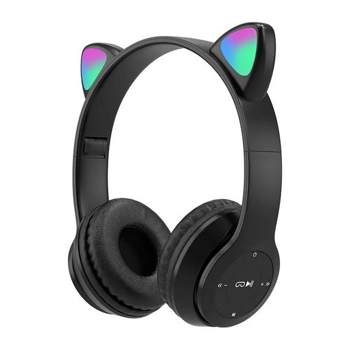 TT SW88 Ledli RGB Kedi Kulağı Aydınlatmalı Bluetooth Mikrofonlu Katlanabilir Kulaklık TF Kart/ AUX SİYAH