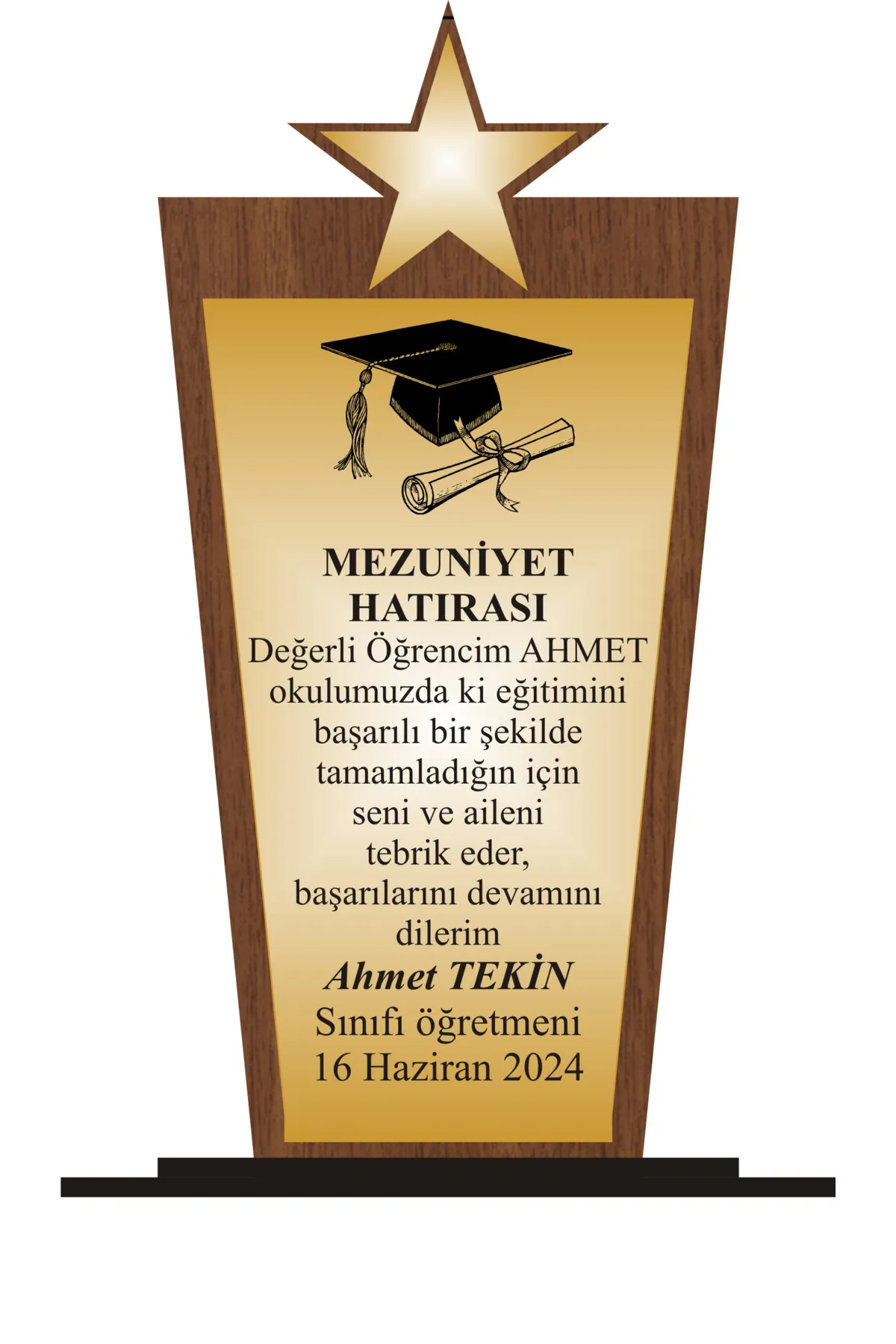 Öğrenci Mezuniyet Plaketi Ahşap Mdf Gold Levhaya Baskılı  ,Kişiye Özel İsim Baskısı Yapılabilir