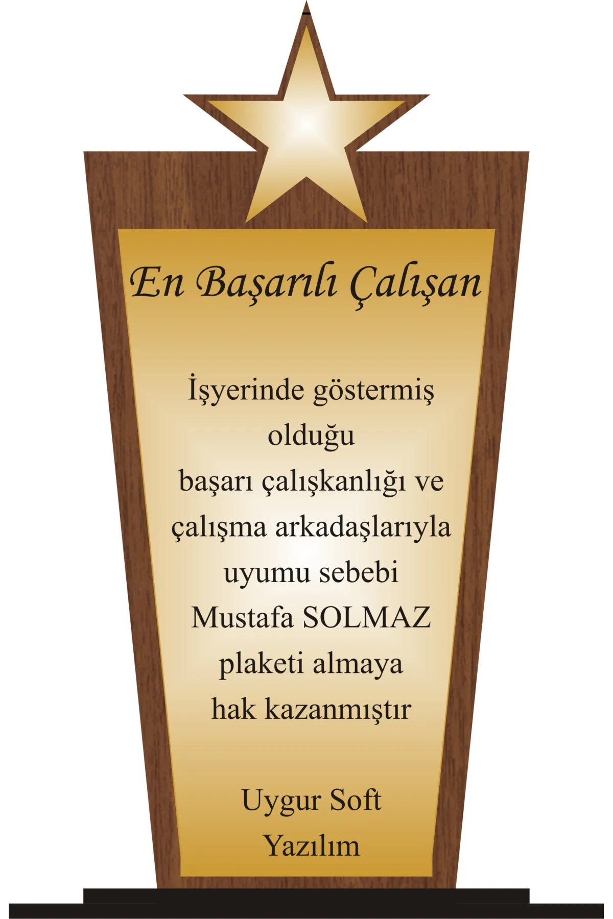 En başarılı Çalışan Plaketi Ahşap Mdf Gold Levhaya Baskılı  ,Kişiye Özel İsim Baskısı Yapılabilir