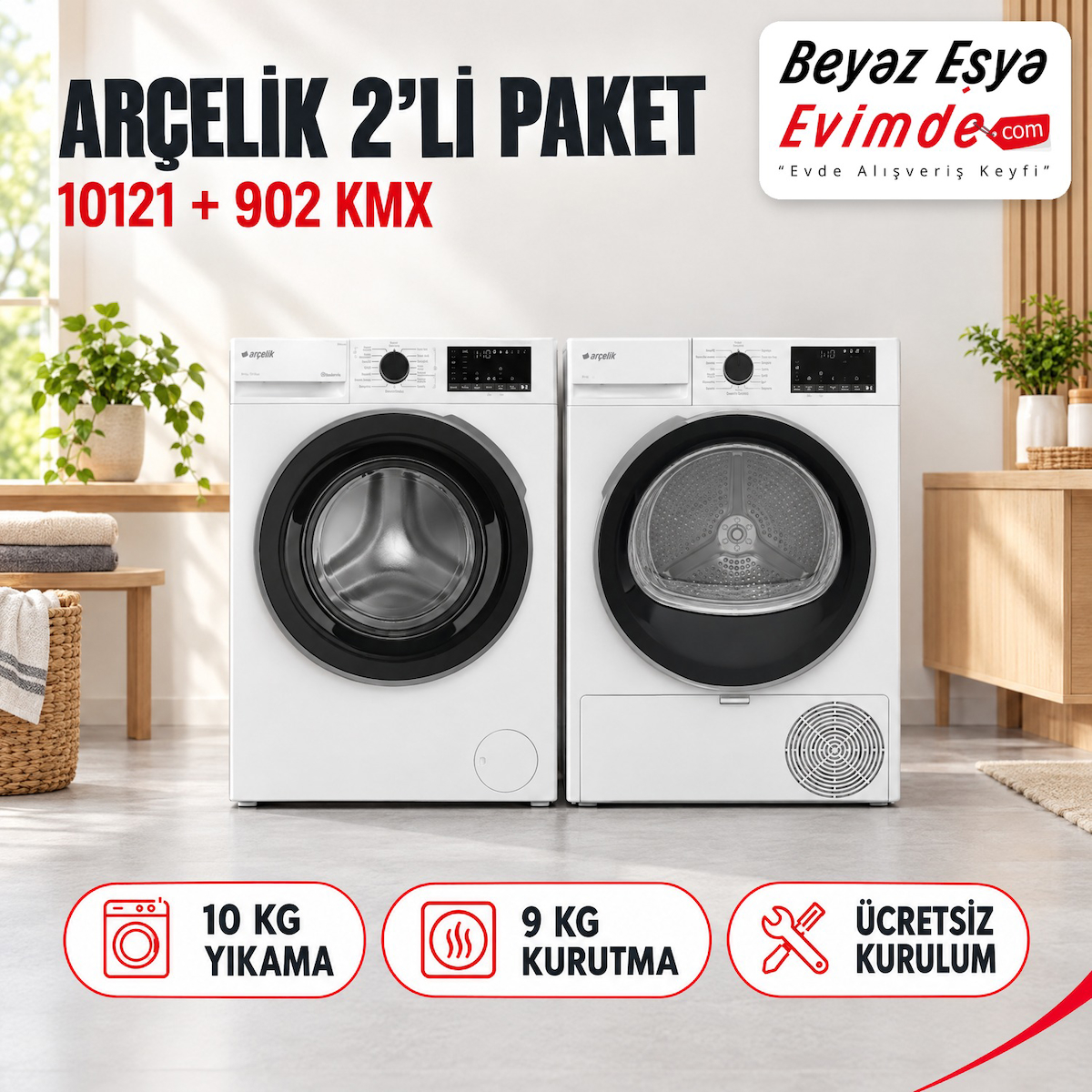 Arçelik 10121 10 Kg Çamaşır Makinesi + 902 KMX 9 Kg Kurutma Makinesi Paketi