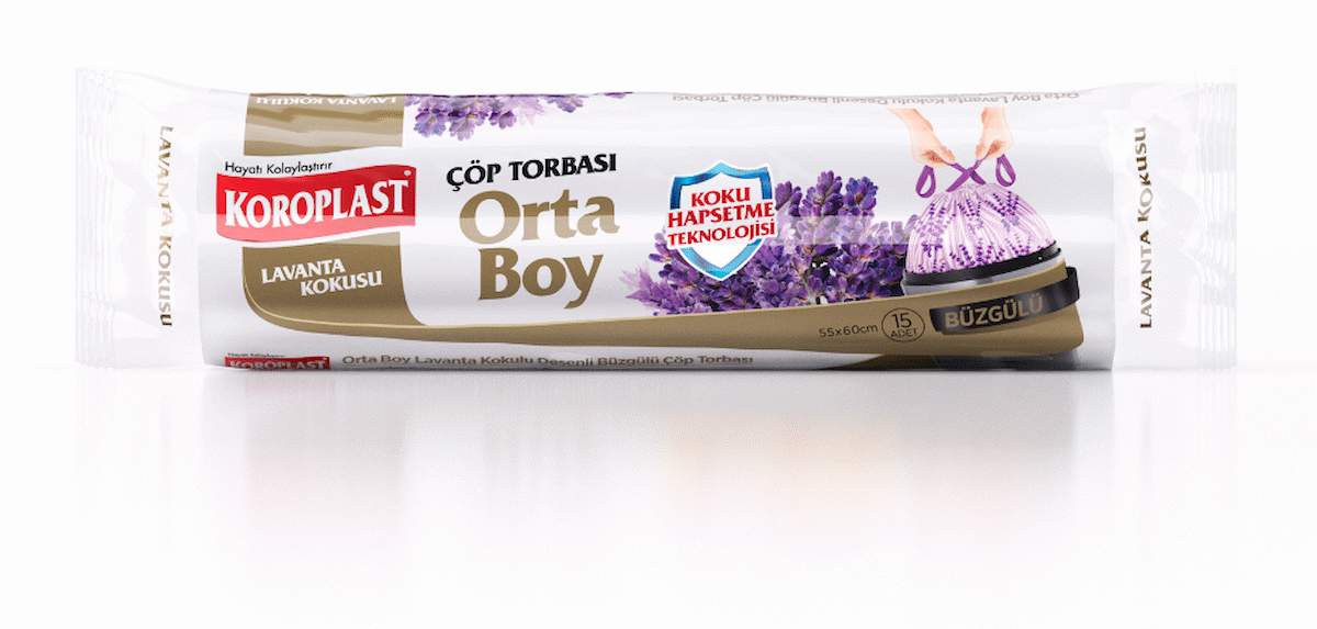 Koroplast Lavanta Kokulu Büzgülü Orta Boy Çöp Torbası 15 Adet 55x60 cm