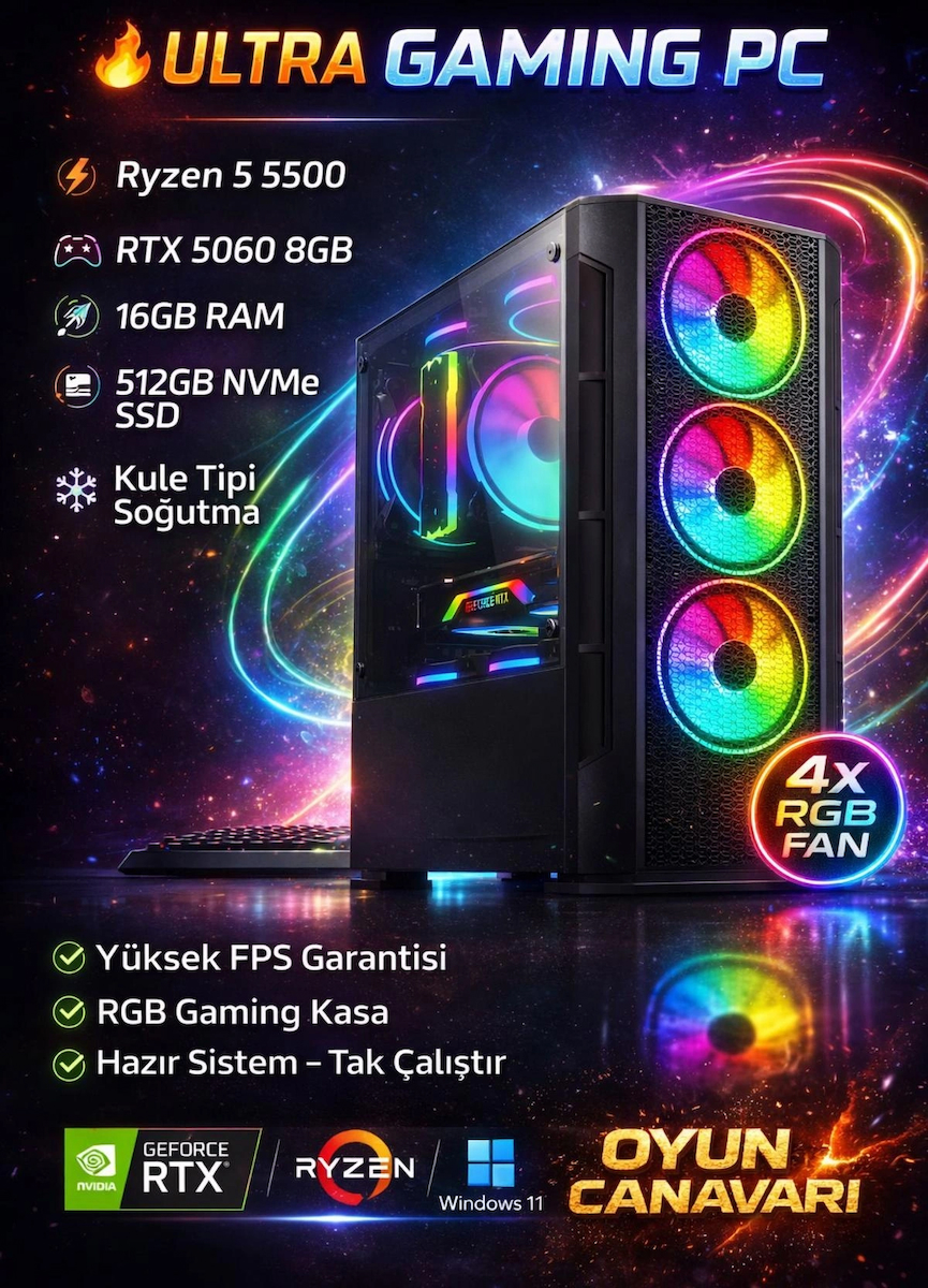 Rise X55 Ryzen 5 5500 16GB Ram 512GB M2 SSD RTX5060 Gddr7 Masaüstü Oyuncu Bilgisayarı Hazır Sistem