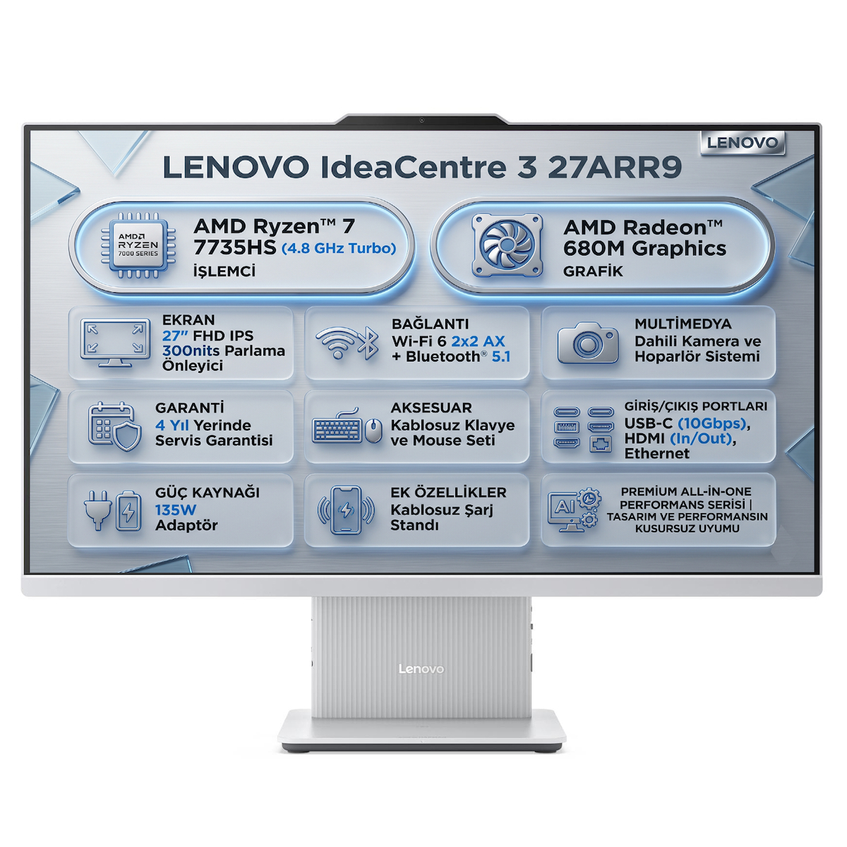 Lenovo IdeaCentre 3 27ARR9 Amd Ryzen 7 7735HS 8GB 512GB SSD 27″ FHD Freedos All In One PC F0HQ00ADTR 001