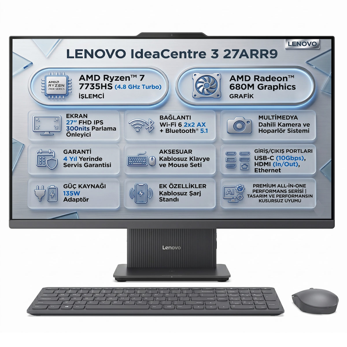 Lenovo IdeaCentre 3 27ARR9 Amd Ryzen 7 7735HS 8GB 512GB SSD 27″ FHD Freedos All In One PC F0HQ00ACTR 001