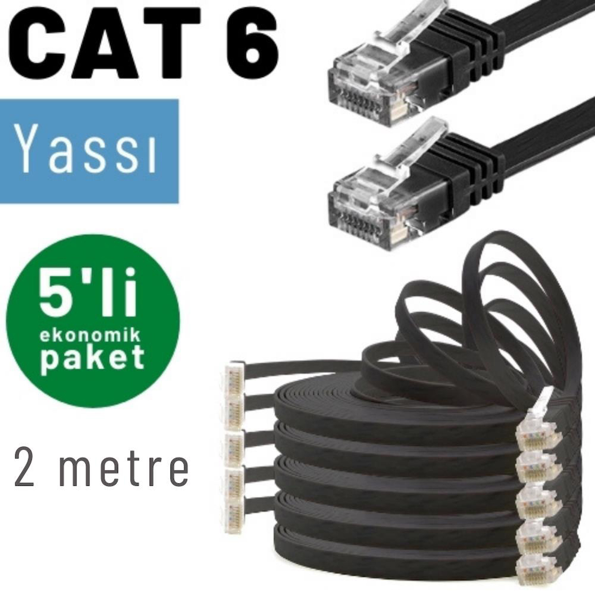 IRENIS 5 adet 2 metre CAT6 Kablo Yassı Ethernet Network Lan Ağ İnternet Kablosu