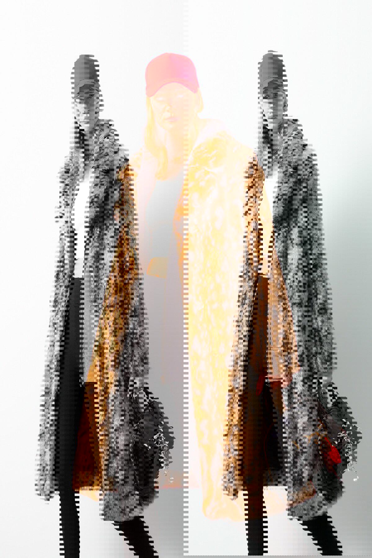 Relax Fit Leopar Desenli Ceket Yaka Cepli Uzun Suni Kürk Kaban