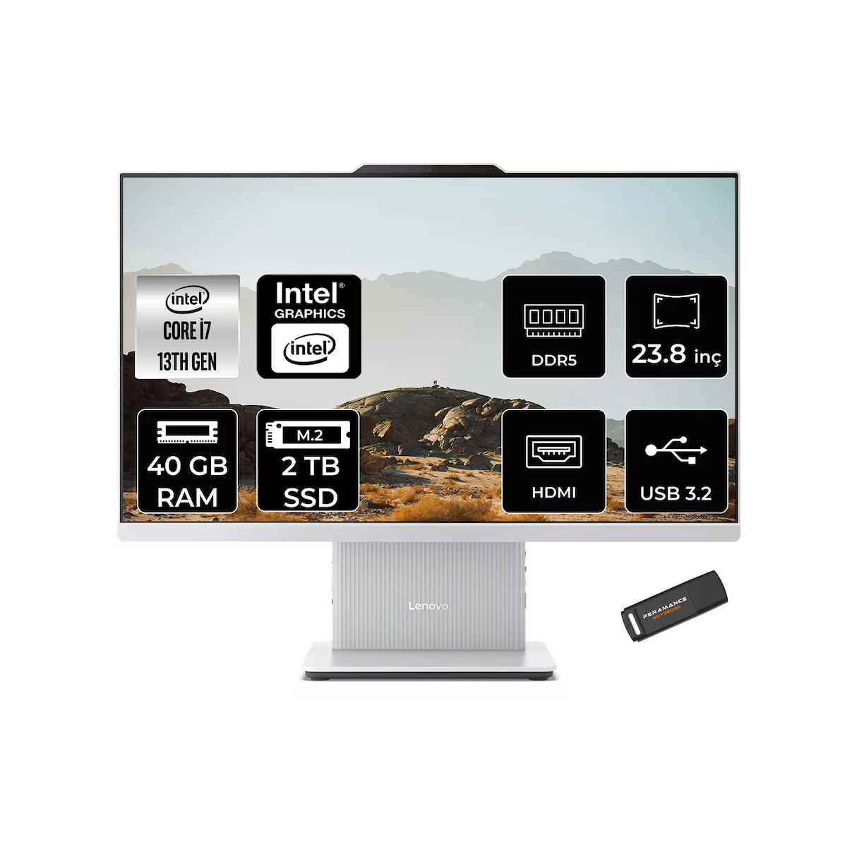 Lenovo IdeaCentre 24IRH9 i7 13620H 40GB DDR5 2TB SSD 23.8″ FHD IPS FDOS Beyaz All in One PC & PER4