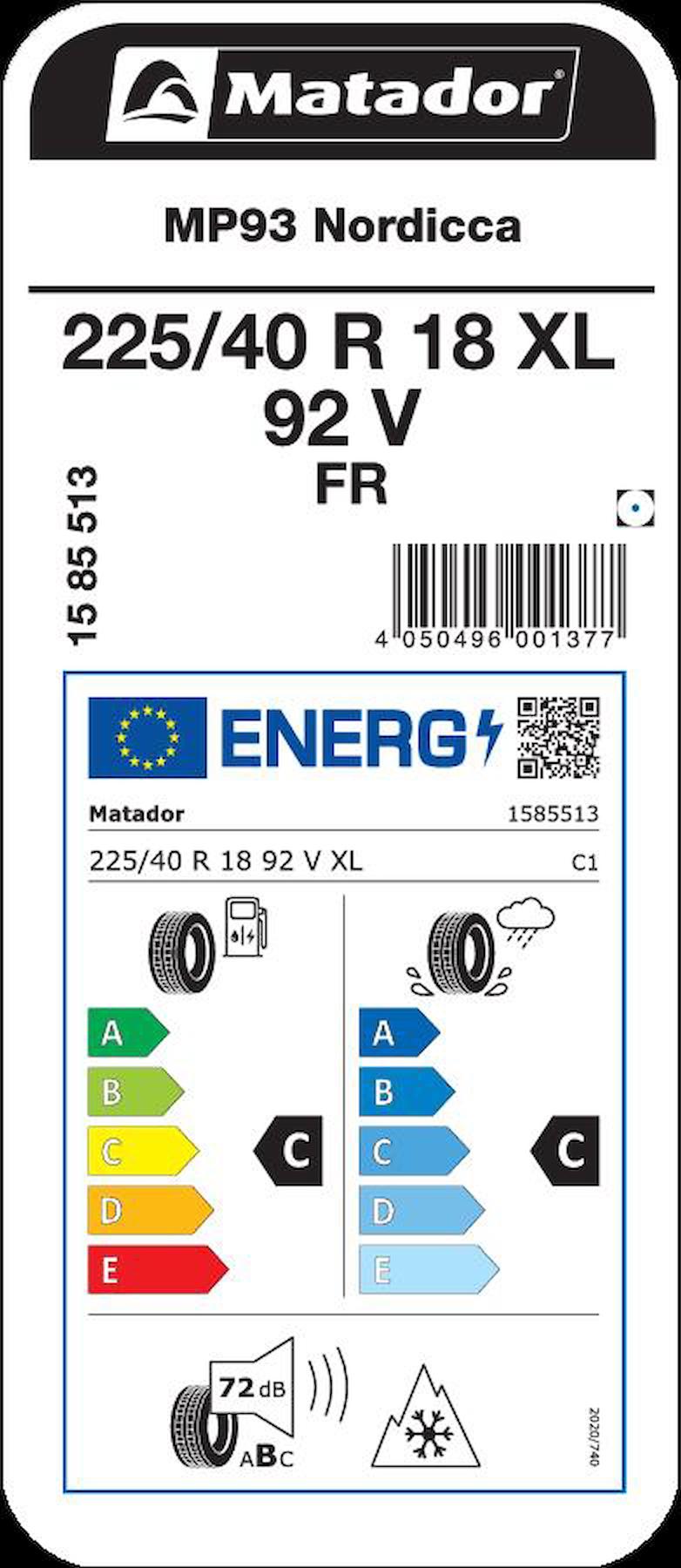 Matador 225/40 R18 92V XL FR MP93 Nordicca Oto Kış Lastiği Üretim 2022