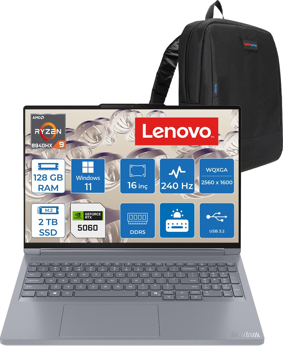 Lenovo Thinkbook 16P Gen6 Adr Amd Ryzen™ 9 8940HX Aı 128GB Ddr5 2tb SSD RTX5060/8GB 115W 16″ Wqxga (2560X1600) IPS 500NITS 240Hz Hdr™ 400 WIN11PRO Gaming Bilgisayar 21U00014TXP39+ZETTAÇANTA