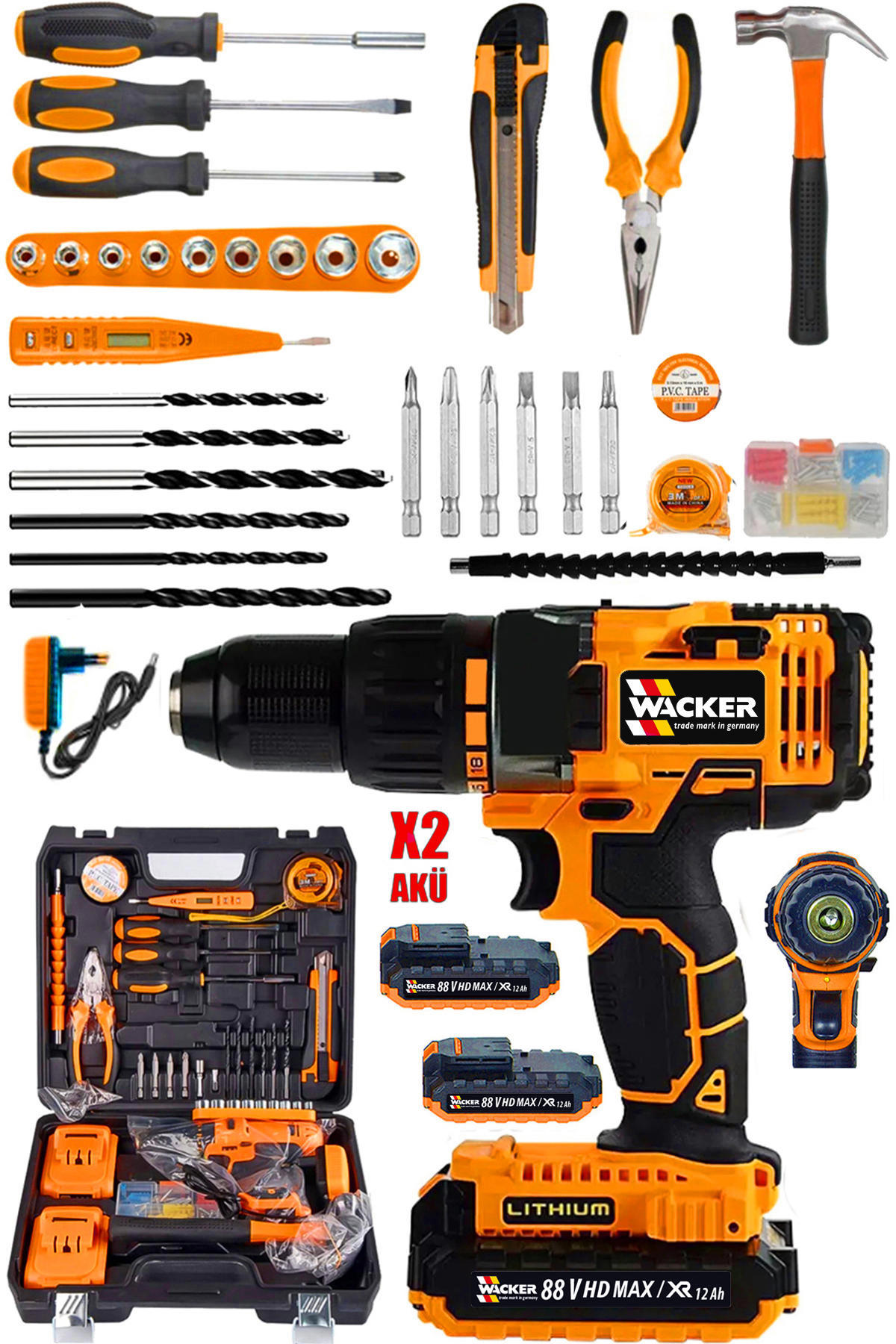 Wacker Pro Germany Orange Darbeli 58 V 8 Amp Yeni Nesil Lion Akülü Vidalama Matkap + 100 Pcs Combo Set