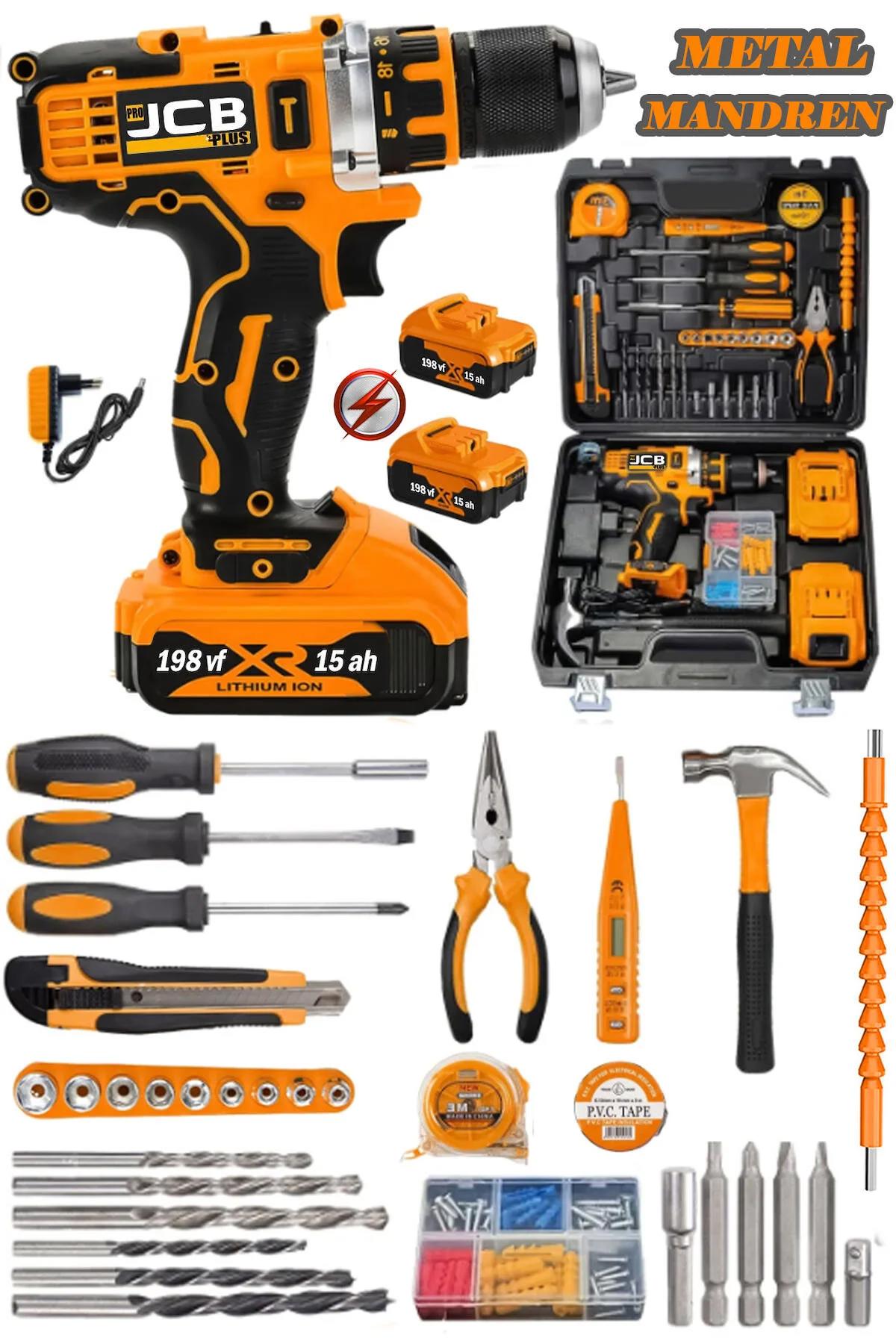 Projcb Plus İnforce 198 Vf 15 Ah Çelik Mandren Titan Şanzuman 2 Akülü Vidalama Matkap + 100 Pcs Mega Set