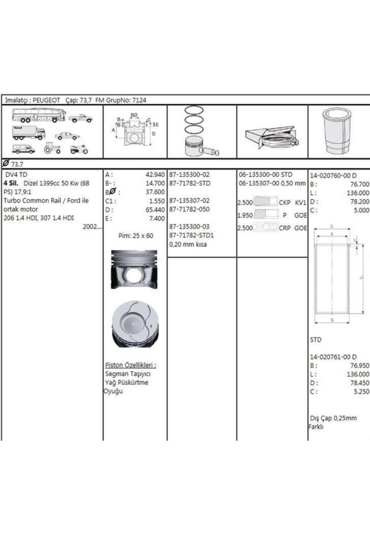 Piston Sekman STD0,20KISA 107 206 307 Bipper Nemo DW4 (8771782STD100)